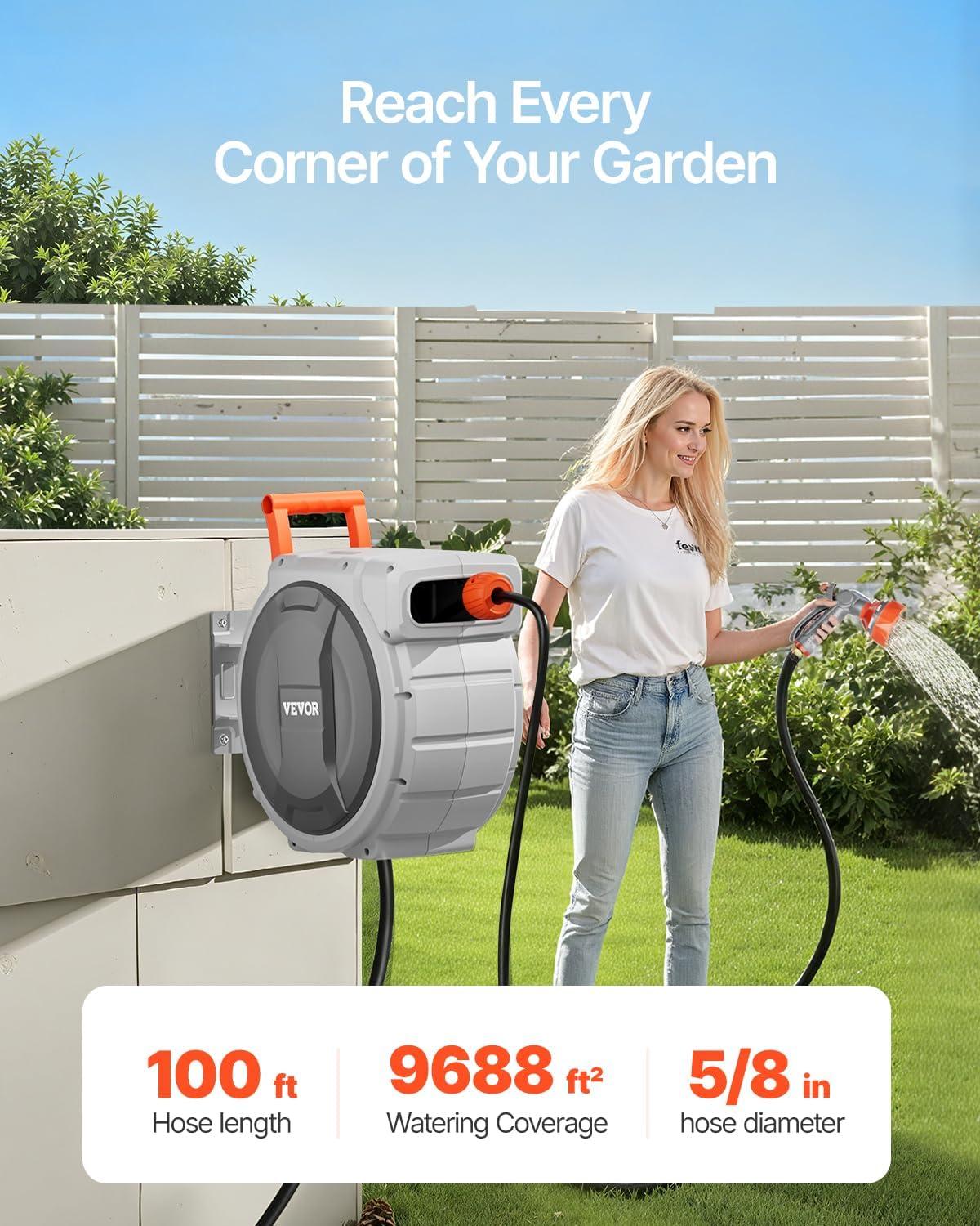 imageVEVOR Retractable Garden Hose Reel 12 Inch x 65 ft Wall Mounted Heavy Duty Garden Hose Reel with 9 Patterns Nozzle Any Length Lock Upgraded Slow Return System and 180Swivel Bracket100ft