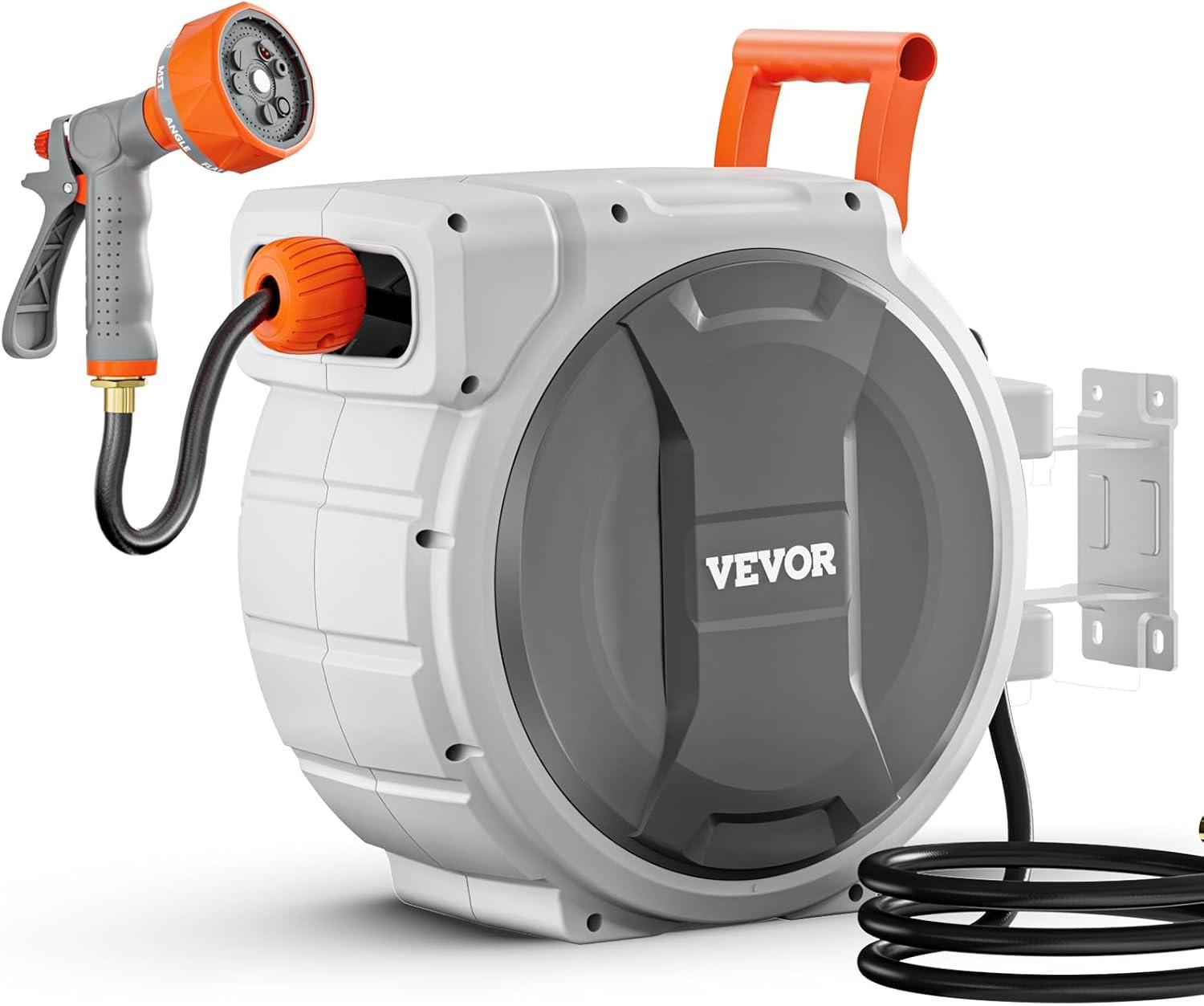 imageVEVOR Retractable Garden Hose Reel 12 Inch x 65 ft Wall Mounted Heavy Duty Garden Hose Reel with 9 Patterns Nozzle Any Length Lock Upgraded Slow Return System and 180Swivel Bracket100ft