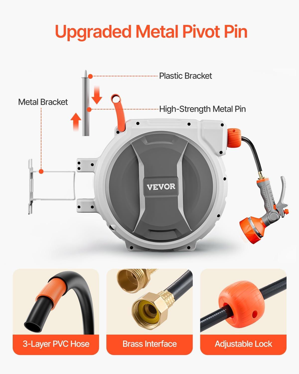 imageVEVOR Retractable Garden Hose Reel 12 Inch x 65 ft Wall Mounted Heavy Duty Garden Hose Reel with 9 Patterns Nozzle Any Length Lock Upgraded Slow Return System and 180Swivel Bracket145ft