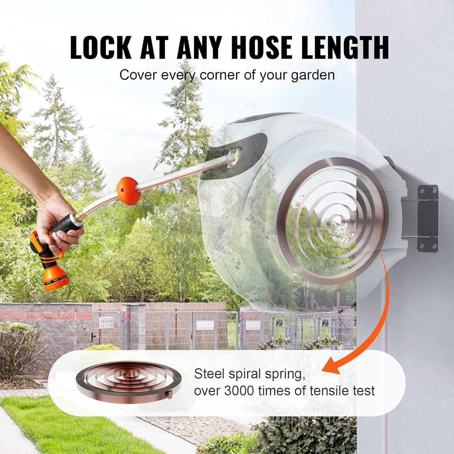 imageVEVOR Retractable Hose Reel 65 ft x 58 inch 180 Swivel Bracket WallMounted Garden Water Hose Reel with 9Pattern Nozzle Automatic Rewind Lock at Any Length and Slow Return System115 ft