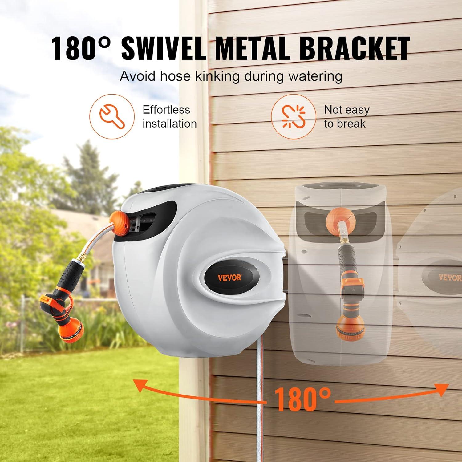 imageVEVOR Retractable Hose Reel 65 ft x 58 inch 180 Swivel Bracket WallMounted Garden Water Hose Reel with 9Pattern Nozzle Automatic Rewind Lock at Any Length and Slow Return System115 ft