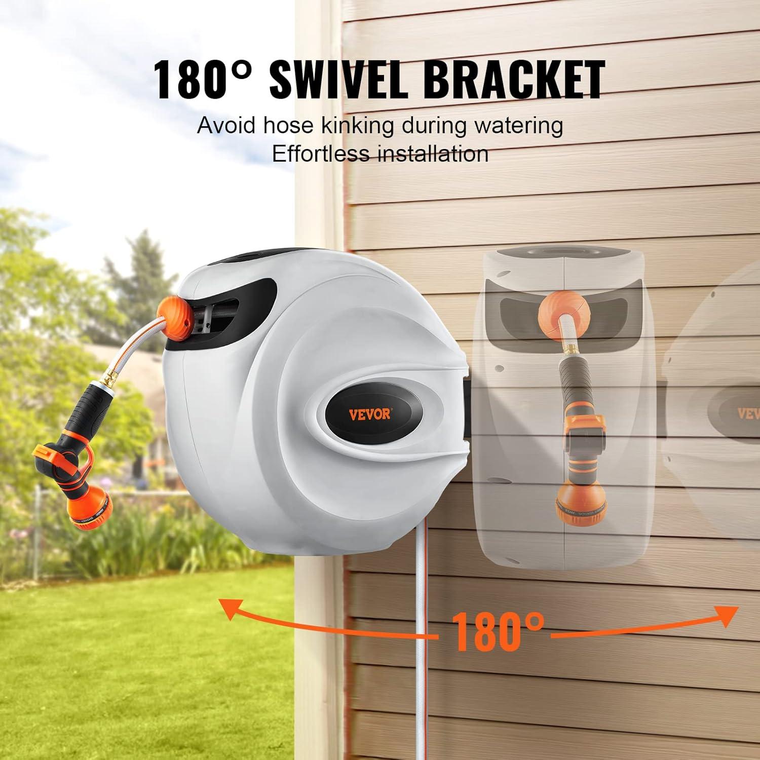 imageVEVOR Retractable Hose Reel 65 ft x 58 inch 180 Swivel Bracket WallMounted Garden Water Hose Reel with 9Pattern Nozzle Automatic Rewind Lock at Any Length and Slow Return System65 ft