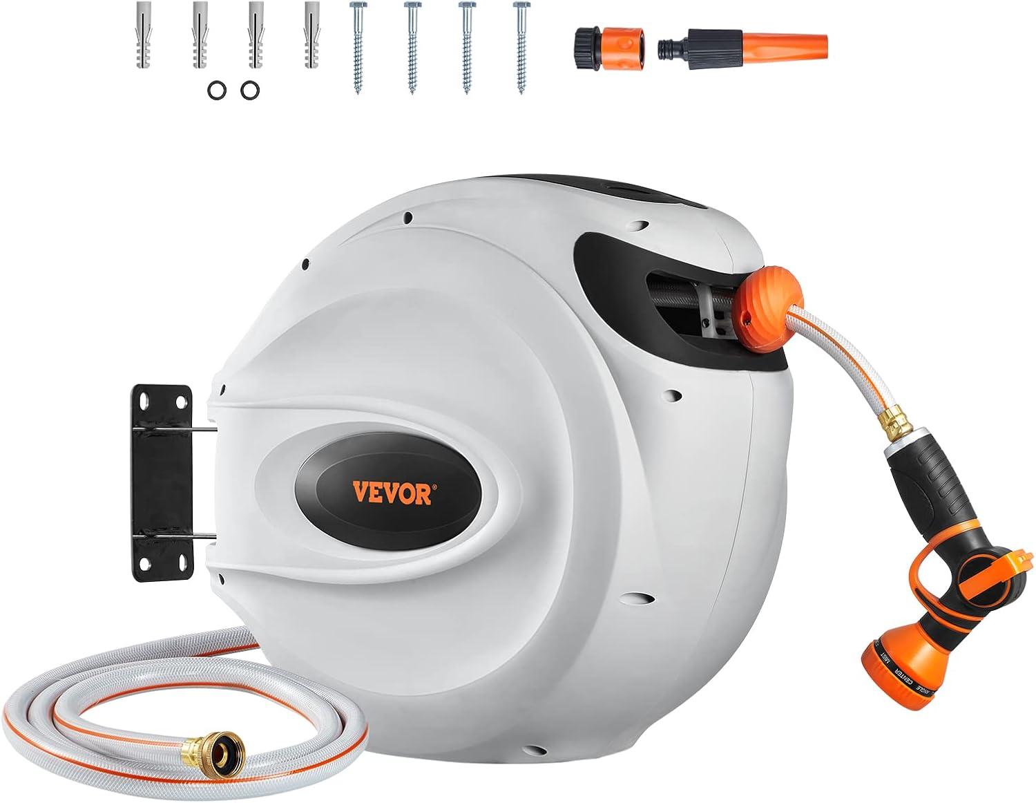 imageVEVOR Retractable Hose Reel 65 ft x 58 inch 180 Swivel Bracket WallMounted Garden Water Hose Reel with 9Pattern Nozzle Automatic Rewind Lock at Any Length and Slow Return System115 ft