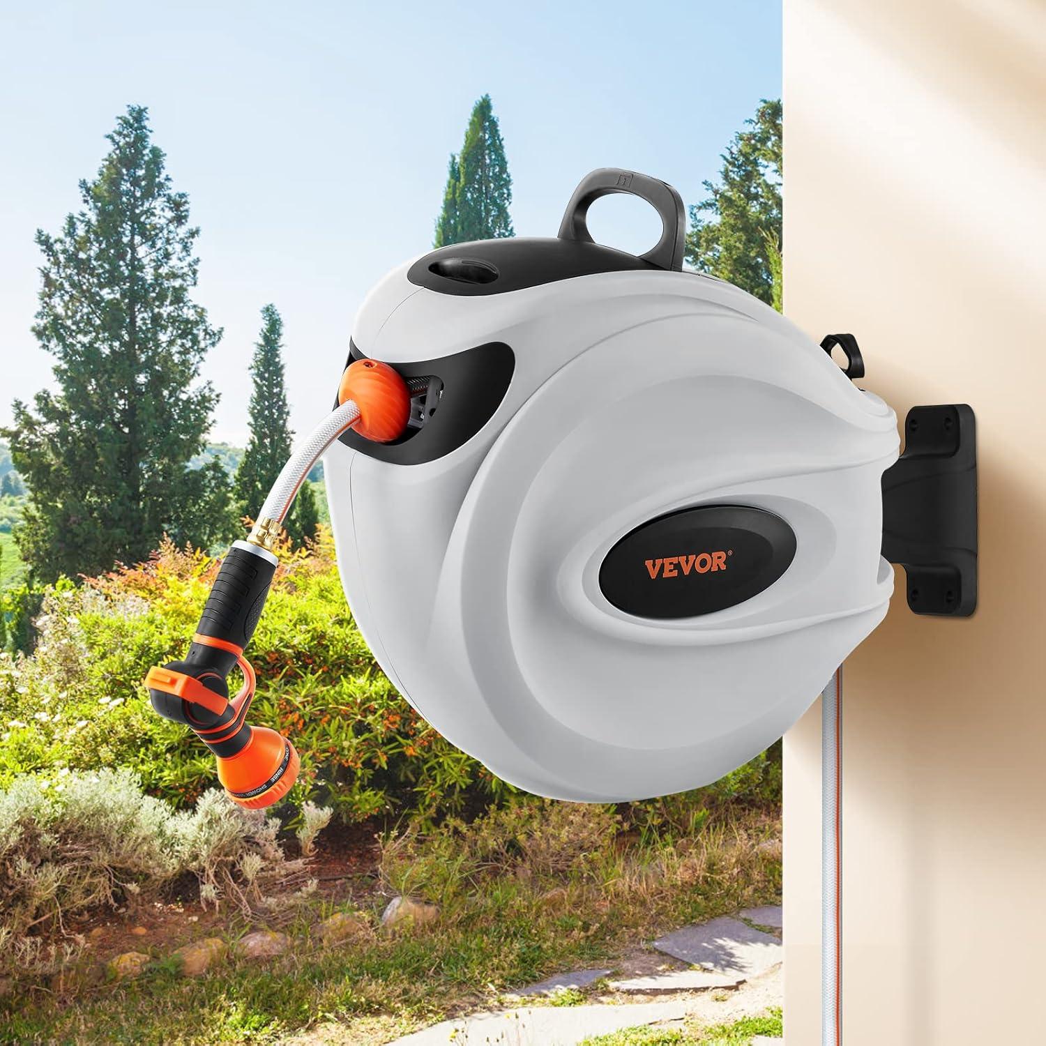 imageVEVOR Retractable Hose Reel 65 ft x 58 inch 180 Swivel Bracket WallMounted Garden Water Hose Reel with 9Pattern Nozzle Automatic Rewind Lock at Any Length and Slow Return System65 ft