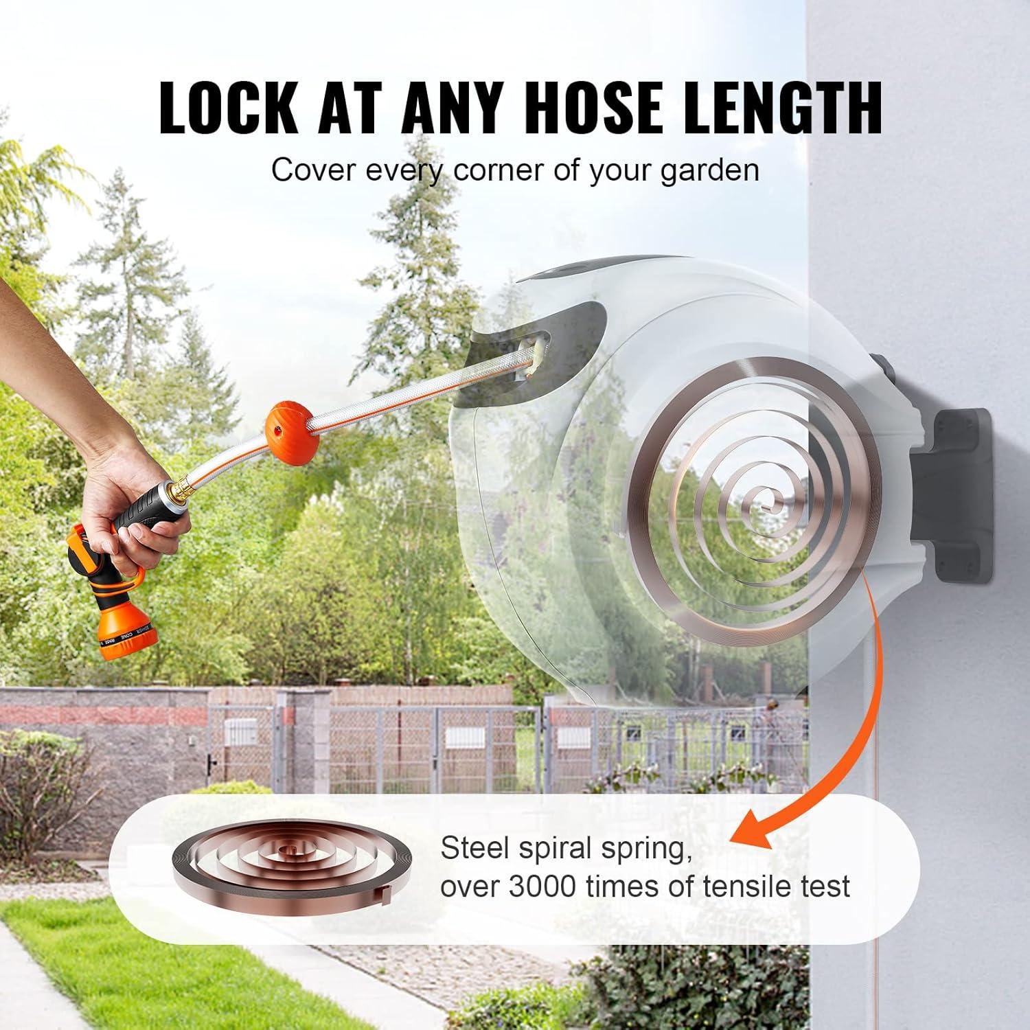 imageVEVOR Retractable Hose Reel 65 ft x 58 inch 180 Swivel Bracket WallMounted Garden Water Hose Reel with 9Pattern Nozzle Automatic Rewind Lock at Any Length and Slow Return System65 ft