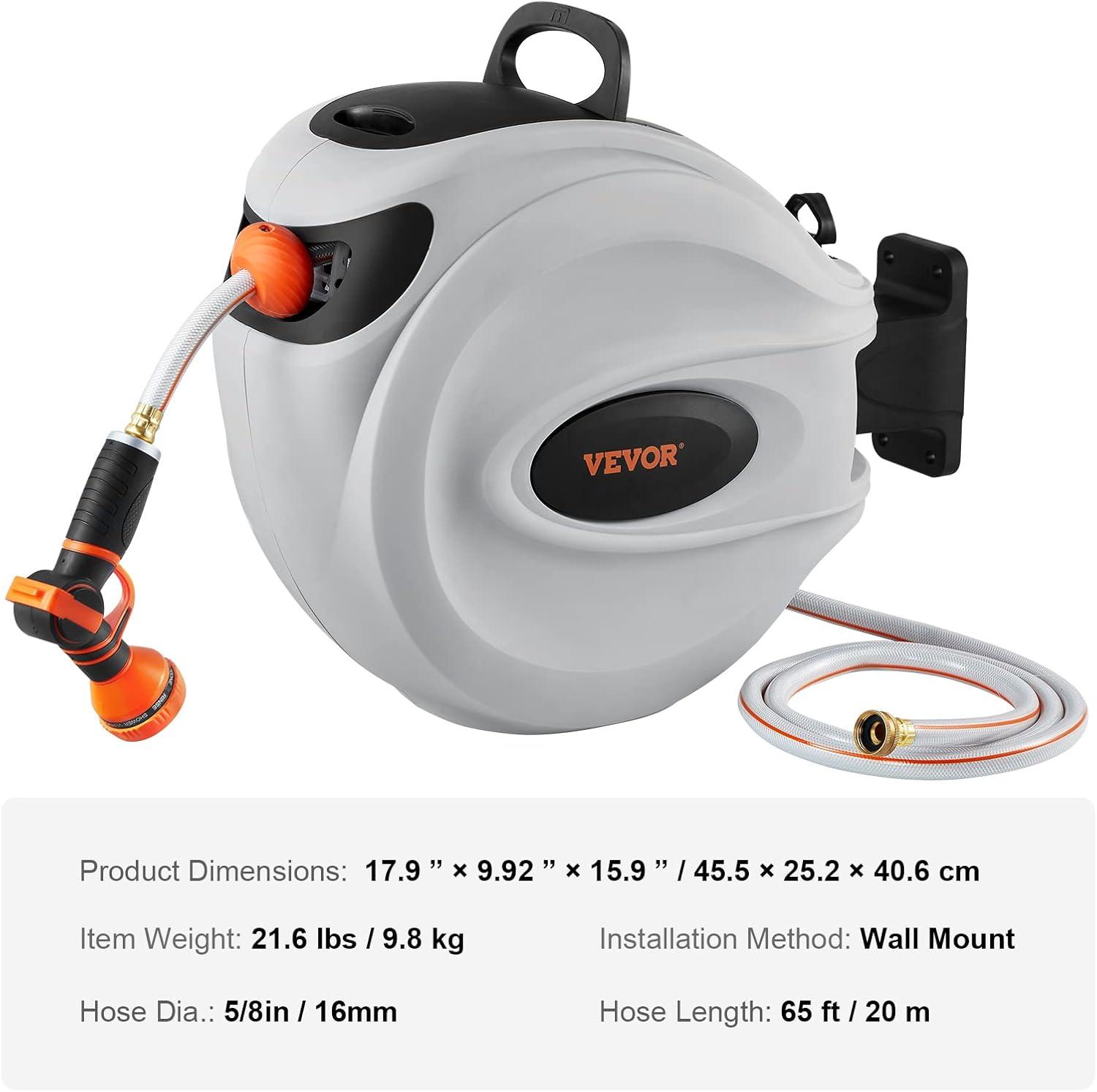 imageVEVOR Retractable Hose Reel 65 ft x 58 inch 180 Swivel Bracket WallMounted Garden Water Hose Reel with 9Pattern Nozzle Automatic Rewind Lock at Any Length and Slow Return System65 ft