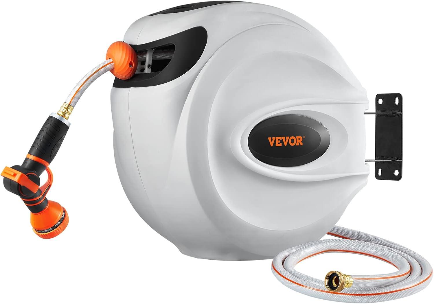 imageVEVOR Retractable Hose Reel 65 ft x 58 inch 180 Swivel Bracket WallMounted Garden Water Hose Reel with 9Pattern Nozzle Automatic Rewind Lock at Any Length and Slow Return System115 ft