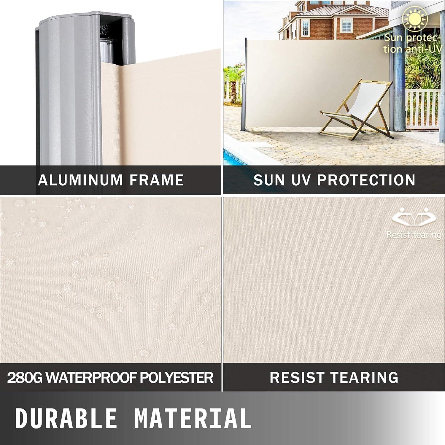 imageVEVOR Retractable Side Awning UV 50 71x 236 Full Aluminum RustProof Patio Sunshine Screen 280 g Thicken Privacy Divider ampamp Wind Screen for Courtyard Balcony Roof Terraces and Pools GrayBeige