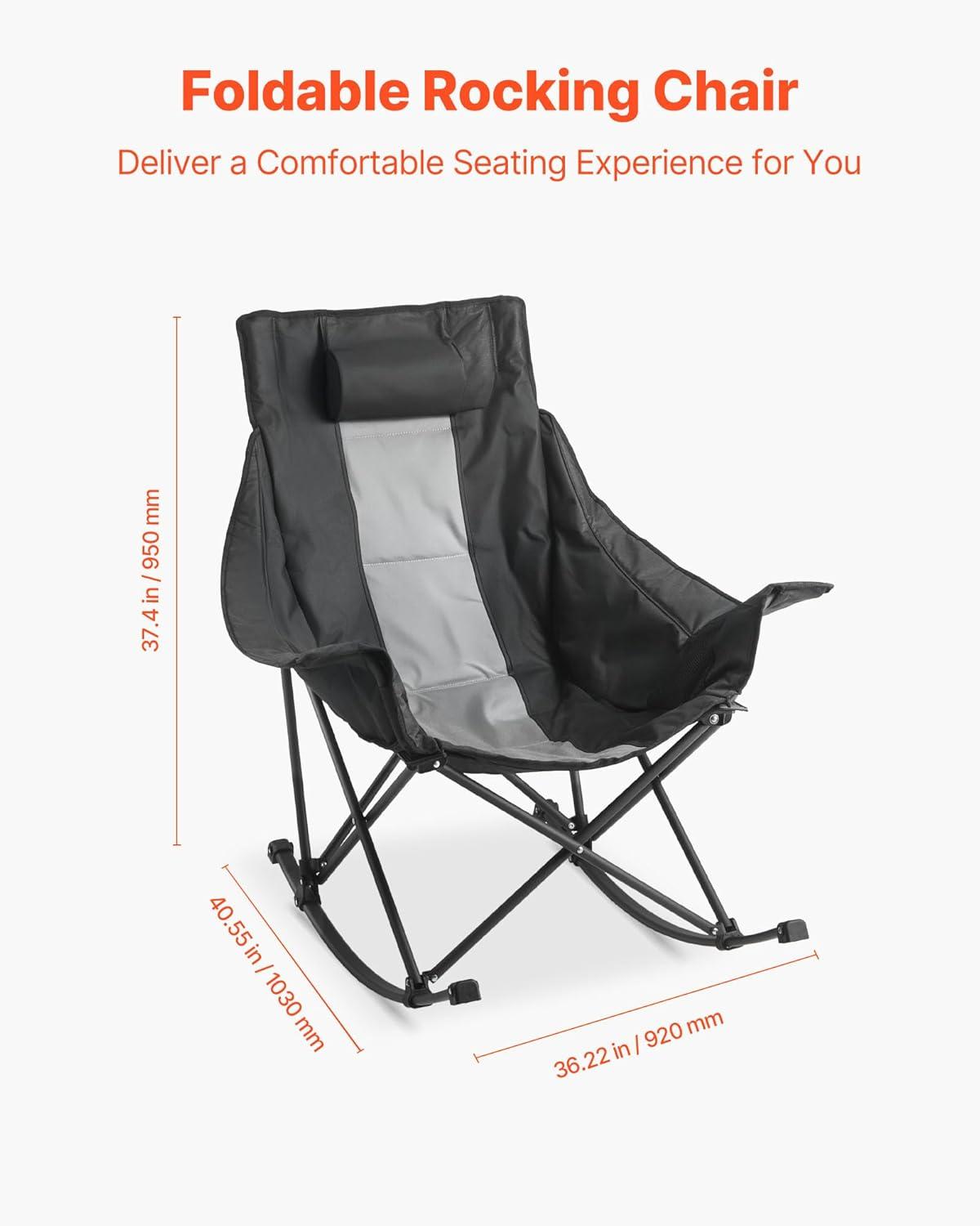 imageVEVOR Rocking Camping Chair Portable Folding Rocker HeavyDuty Lawn Chair Recliner with Cupholder ampamp Pocket Supports 225lbs Fully Padded Camp Chairs for Outdoor Patio Backyard Porch GardenRocker