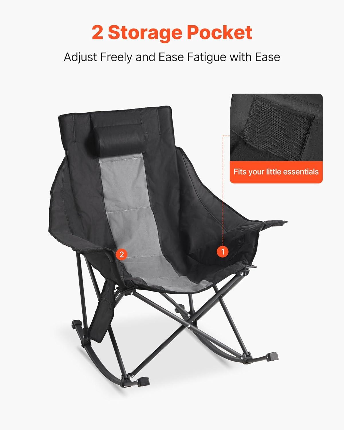 imageVEVOR Rocking Camping Chair Portable Folding Rocker HeavyDuty Lawn Chair Recliner with Cupholder ampamp Pocket Supports 225lbs Fully Padded Camp Chairs for Outdoor Patio Backyard Porch GardenHeatedRocker