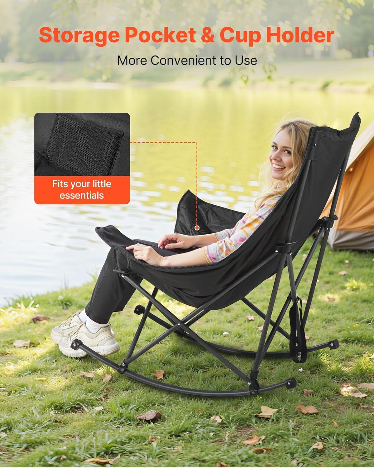 imageVEVOR Rocking Camping Chair Portable Folding Rocker HeavyDuty Lawn Chair Recliner with Cupholder ampamp Pocket Supports 225lbs Fully Padded Camp Chairs for Outdoor Patio Backyard Porch GardenRocker