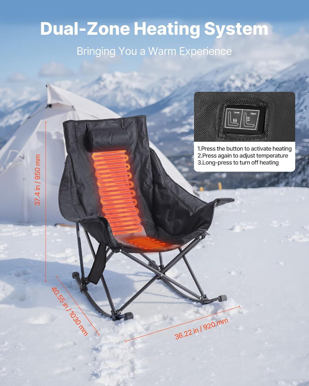 imageVEVOR Rocking Camping Chair Portable Folding Rocker HeavyDuty Lawn Chair Recliner with Cupholder ampamp Pocket Supports 225lbs Fully Padded Camp Chairs for Outdoor Patio Backyard Porch GardenHeatedRocker