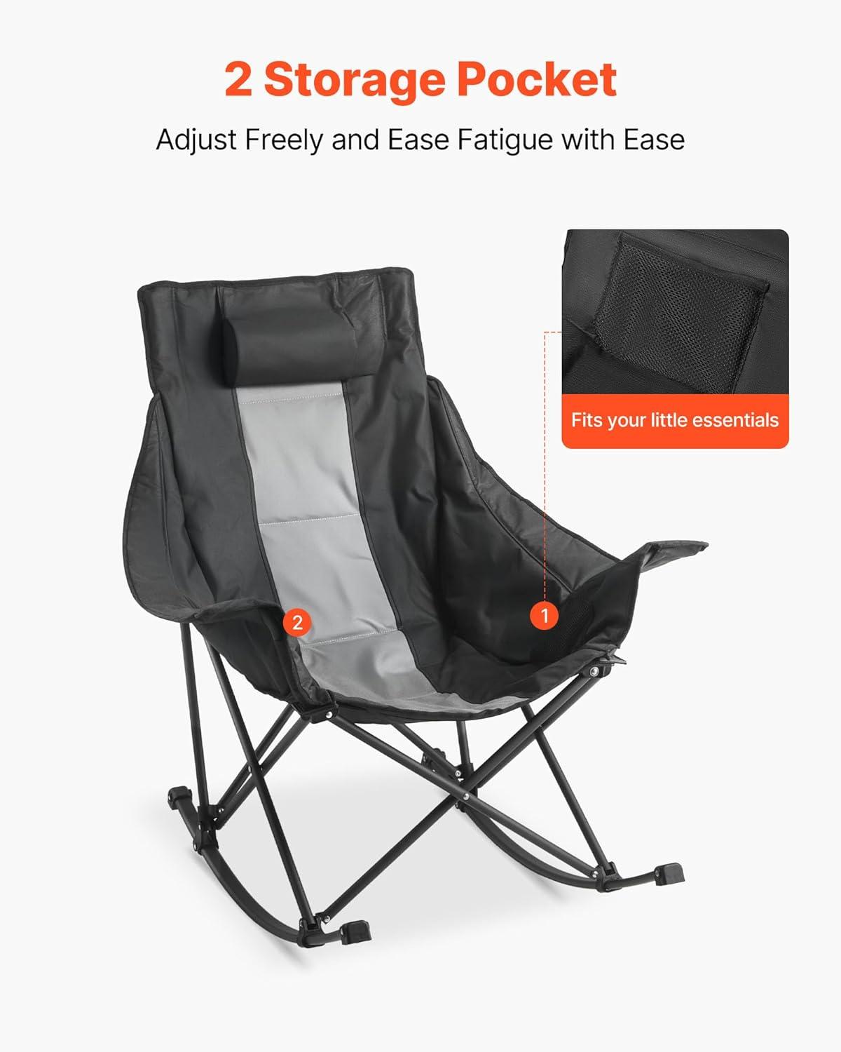 imageVEVOR Rocking Camping Chair Portable Folding Rocker HeavyDuty Lawn Chair Recliner with Cupholder ampamp Pocket Supports 225lbs Fully Padded Camp Chairs for Outdoor Patio Backyard Porch GardenRocker