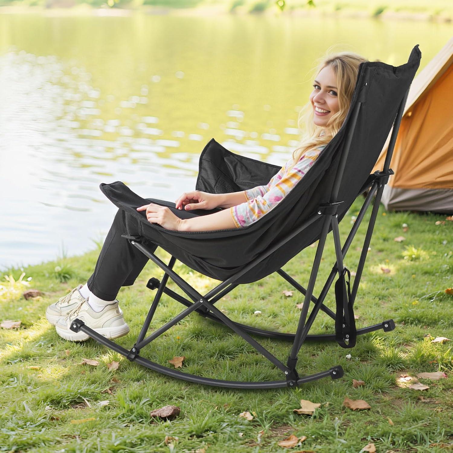 imageVEVOR Rocking Camping Chair Portable Folding Rocker HeavyDuty Lawn Chair Recliner with Cupholder ampamp Pocket Supports 225lbs Fully Padded Camp Chairs for Outdoor Patio Backyard Porch GardenRocker