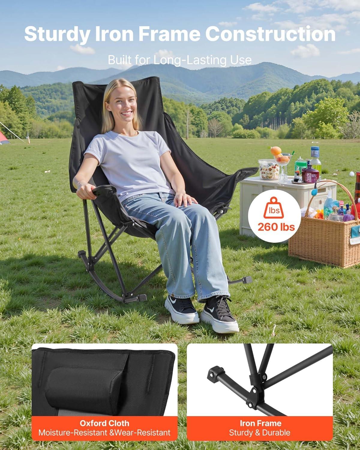 imageVEVOR Rocking Camping Chair Portable Folding Rocker HeavyDuty Lawn Chair Recliner with Cupholder ampamp Pocket Supports 225lbs Fully Padded Camp Chairs for Outdoor Patio Backyard Porch GardenRocker