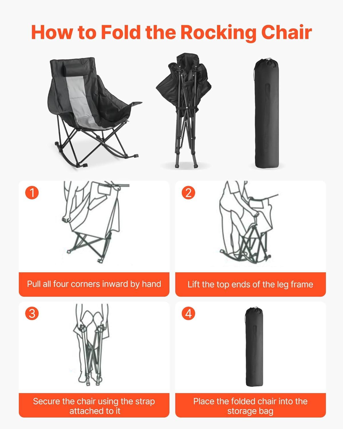 imageVEVOR Rocking Camping Chair Portable Folding Rocker HeavyDuty Lawn Chair Recliner with Cupholder ampamp Pocket Supports 225lbs Fully Padded Camp Chairs for Outdoor Patio Backyard Porch GardenRocker