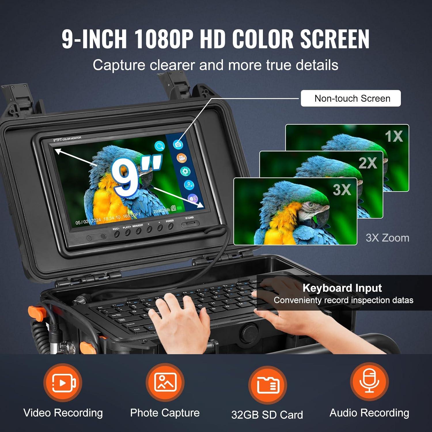 imageVEVOR Sewer Camera 165 ft50m SelfLeveling Drain Camera with 512Hz Transmitter Distance Counter 9quot Screen 1080P HD Snake Plumbing Cameras with Lights12 LED ampamp 32GB Card for Duct Pipe
