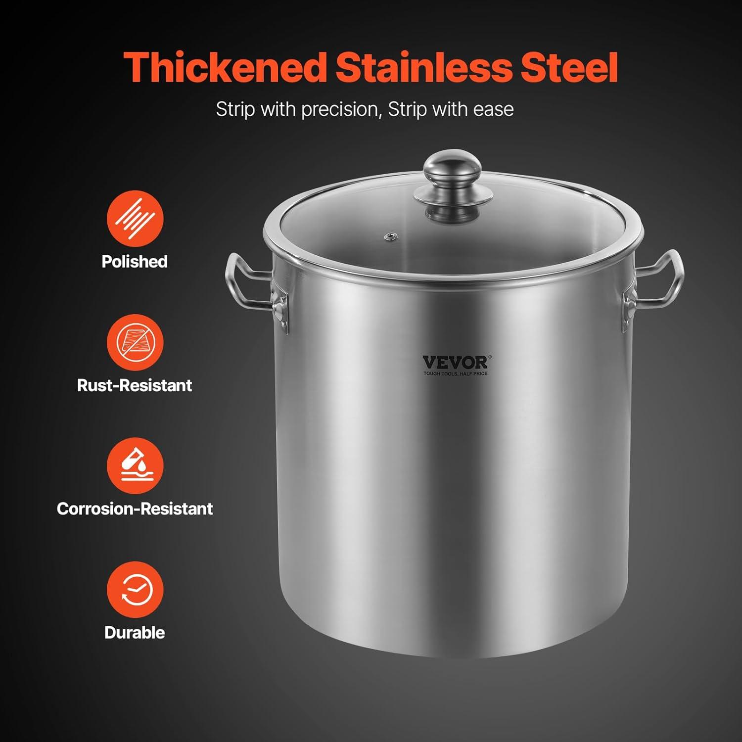 imageVEVOR Stainless Steel Stockpot 84 Quart Large Cooking Pots Cookware Sauce Pot with Basket Lid and Handle Heavy Duty Commercial Grade Stock Pot Sanding Treatment for Large Groups Events Silver24 Quarts