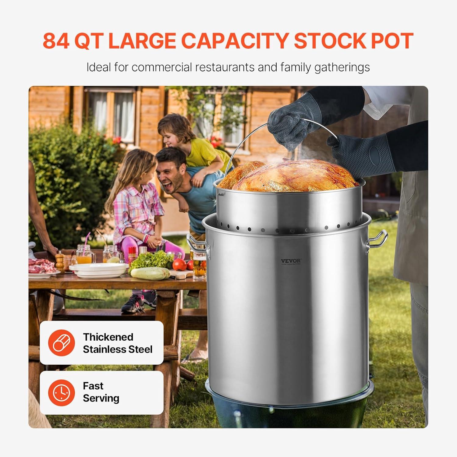 imageVEVOR Stainless Steel Stockpot 84 Quart Large Cooking Pots Cookware Sauce Pot with Basket Lid and Handle Heavy Duty Commercial Grade Stock Pot Sanding Treatment for Large Groups Events Silver84 Quarts
