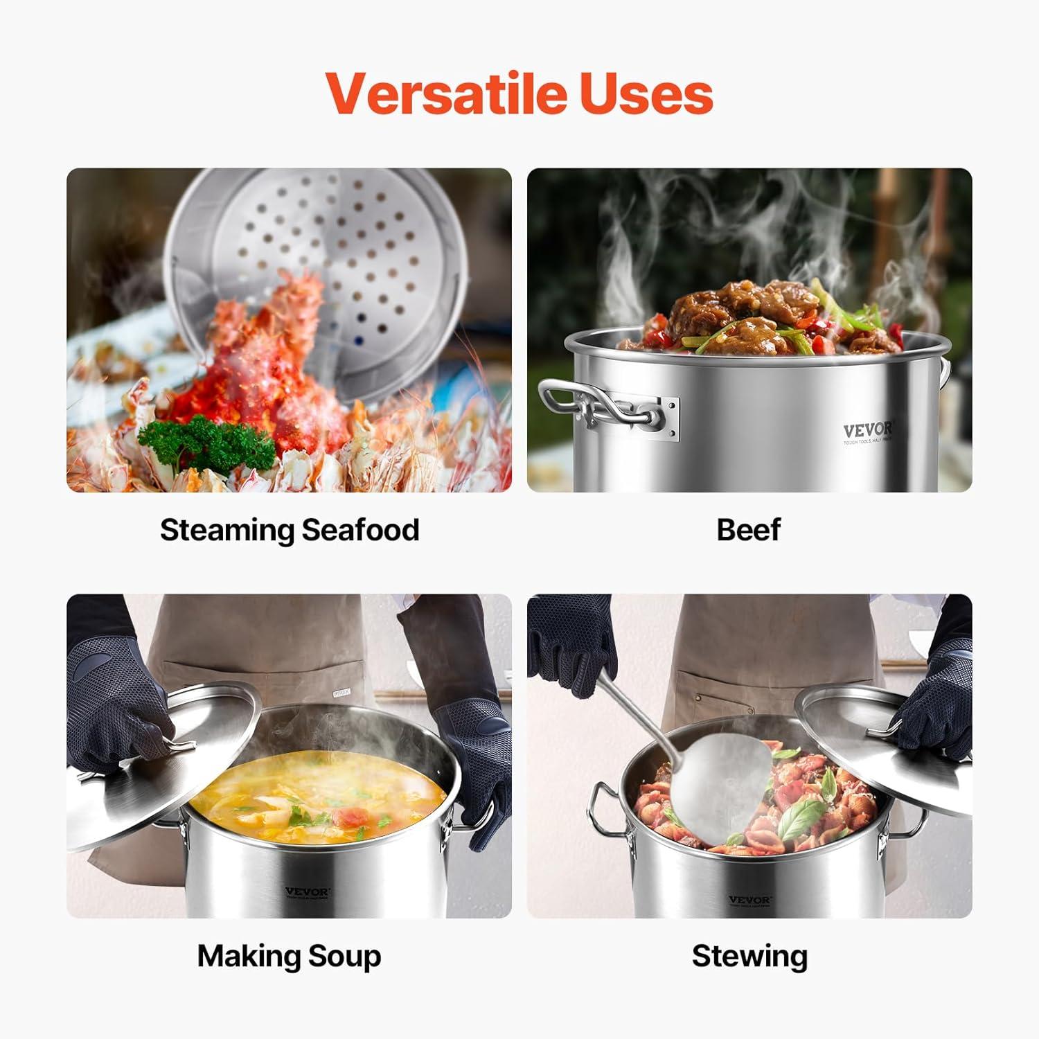 imageVEVOR Stainless Steel Stockpot 84 Quart Large Cooking Pots Cookware Sauce Pot with Basket Lid and Handle Heavy Duty Commercial Grade Stock Pot Sanding Treatment for Large Groups Events Silver359 Quarts