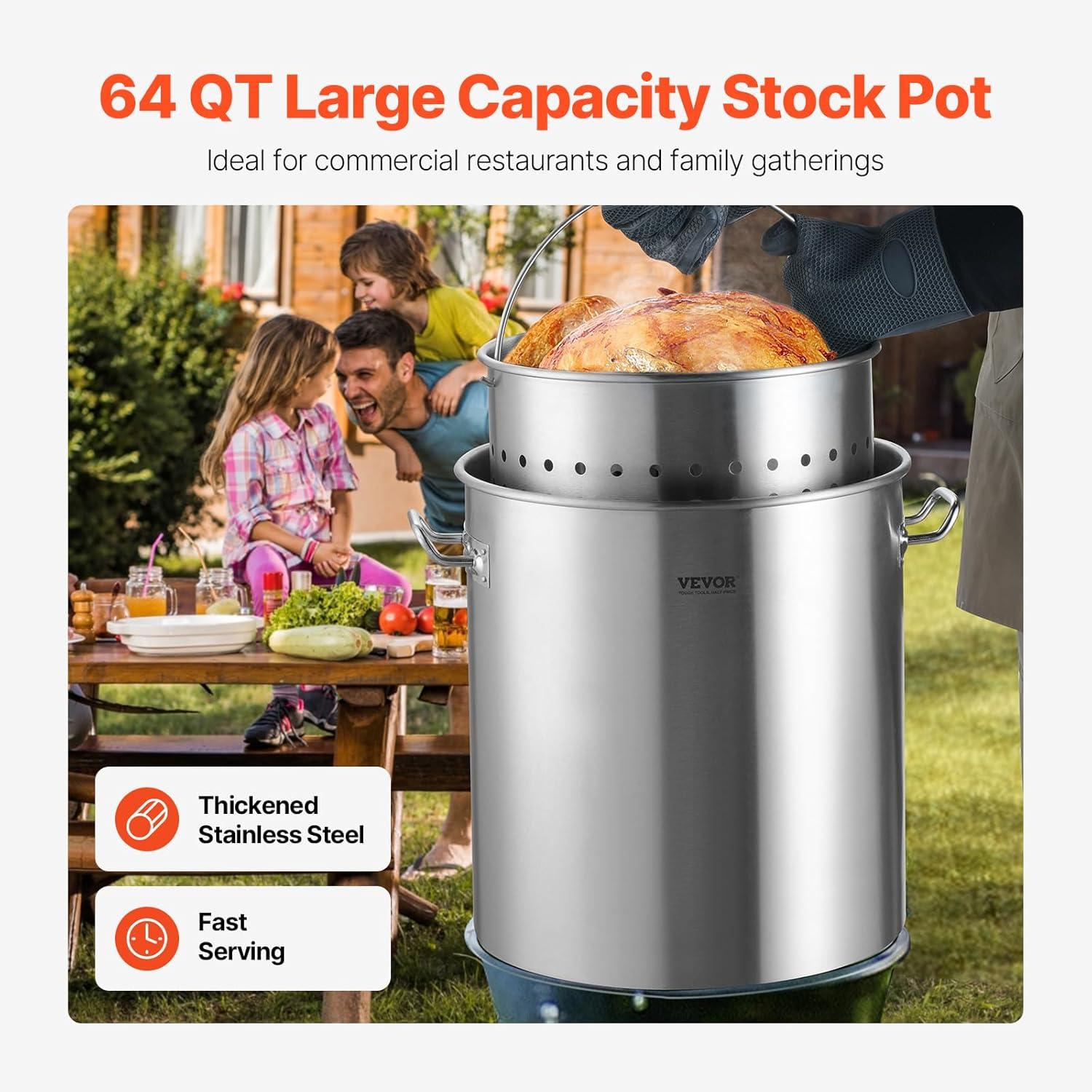 imageVEVOR Stainless Steel Stockpot 84 Quart Large Cooking Pots Cookware Sauce Pot with Basket Lid and Handle Heavy Duty Commercial Grade Stock Pot Sanding Treatment for Large Groups Events Silver571 Quarts