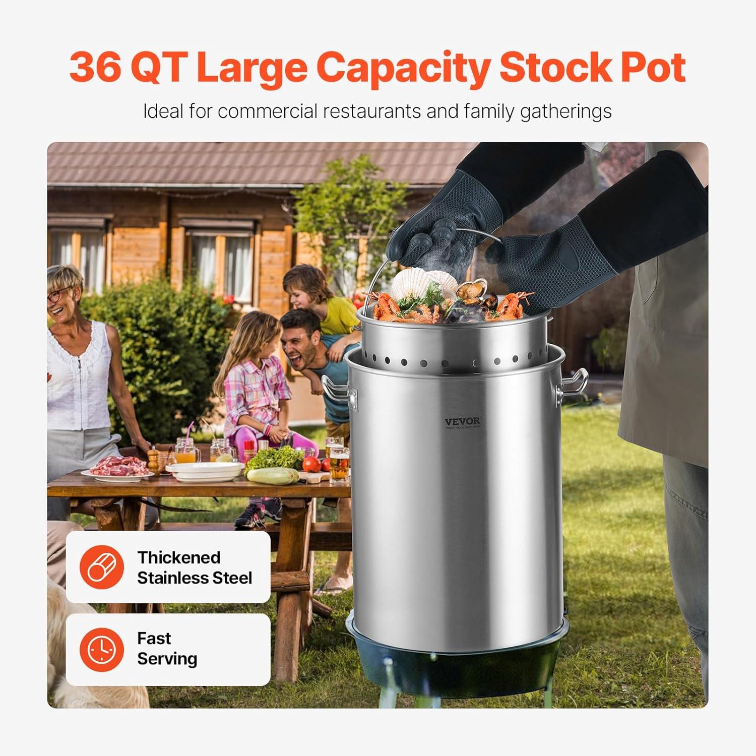 imageVEVOR Stainless Steel Stockpot 84 Quart Large Cooking Pots Cookware Sauce Pot with Basket Lid and Handle Heavy Duty Commercial Grade Stock Pot Sanding Treatment for Large Groups Events Silver359 Quarts