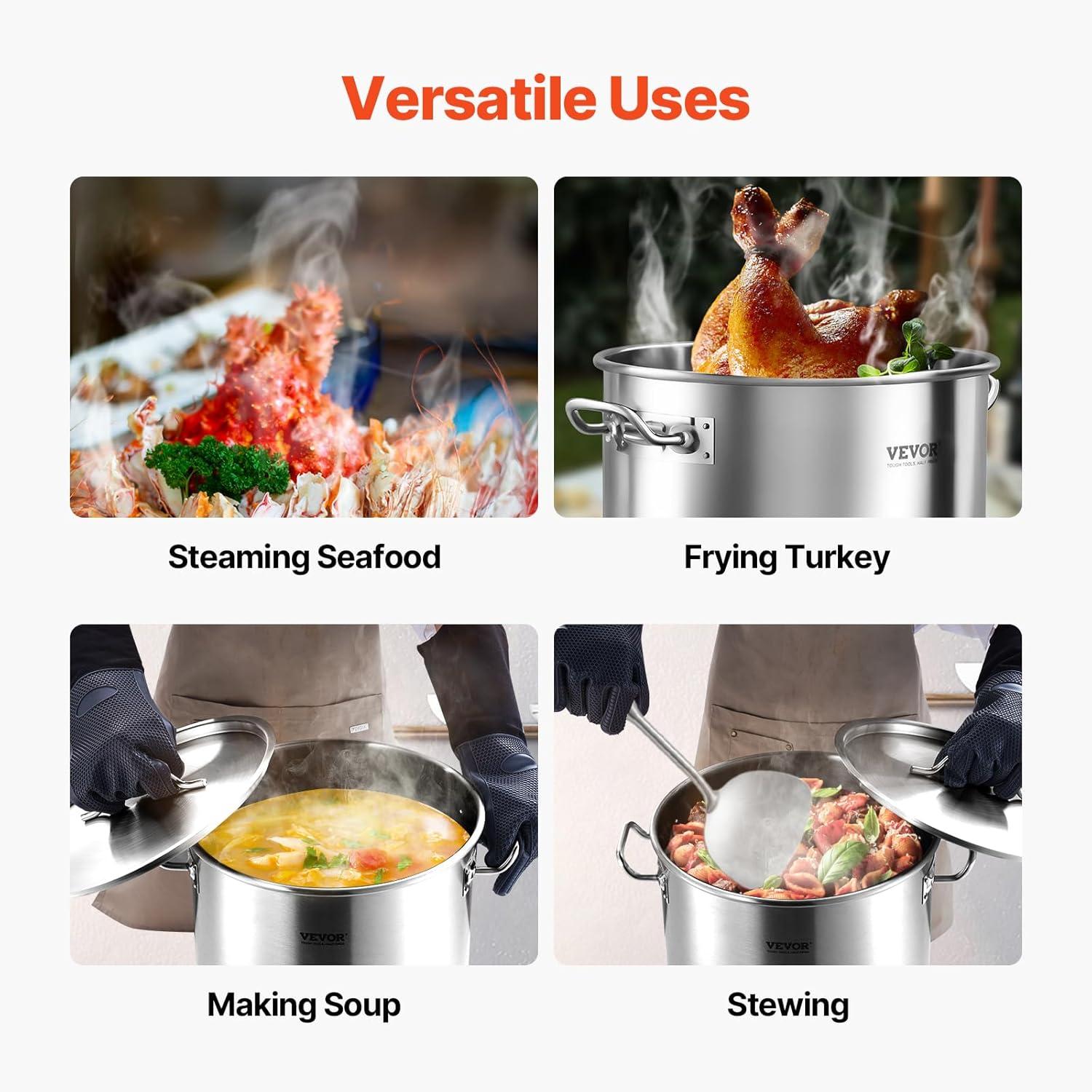 imageVEVOR Stainless Steel Stockpot 84 Quart Large Cooking Pots Cookware Sauce Pot with Basket Lid and Handle Heavy Duty Commercial Grade Stock Pot Sanding Treatment for Large Groups Events Silver53 Quarts