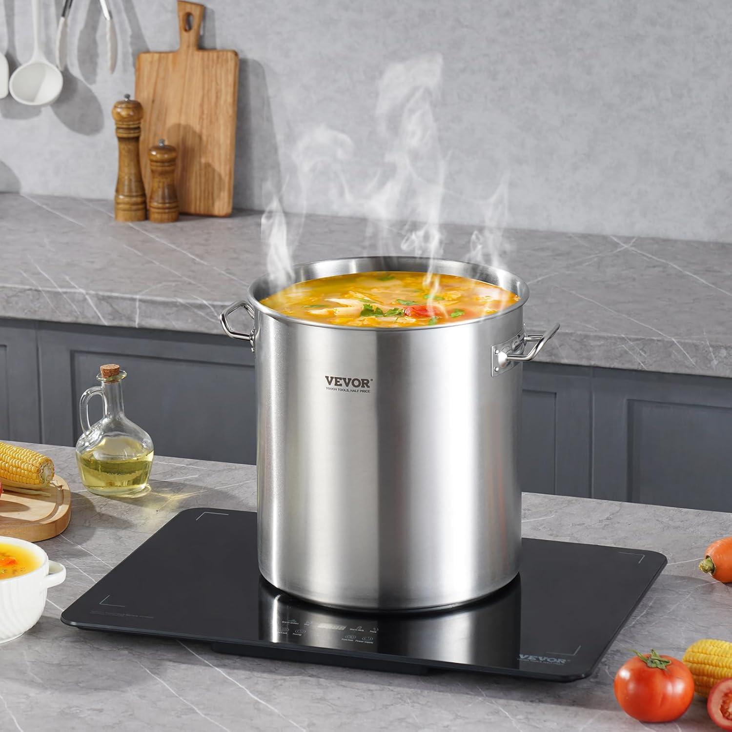imageVEVOR Stainless Steel Stockpot 84 Quart Large Cooking Pots Cookware Sauce Pot with Basket Lid and Handle Heavy Duty Commercial Grade Stock Pot Sanding Treatment for Large Groups Events Silver24 Quarts