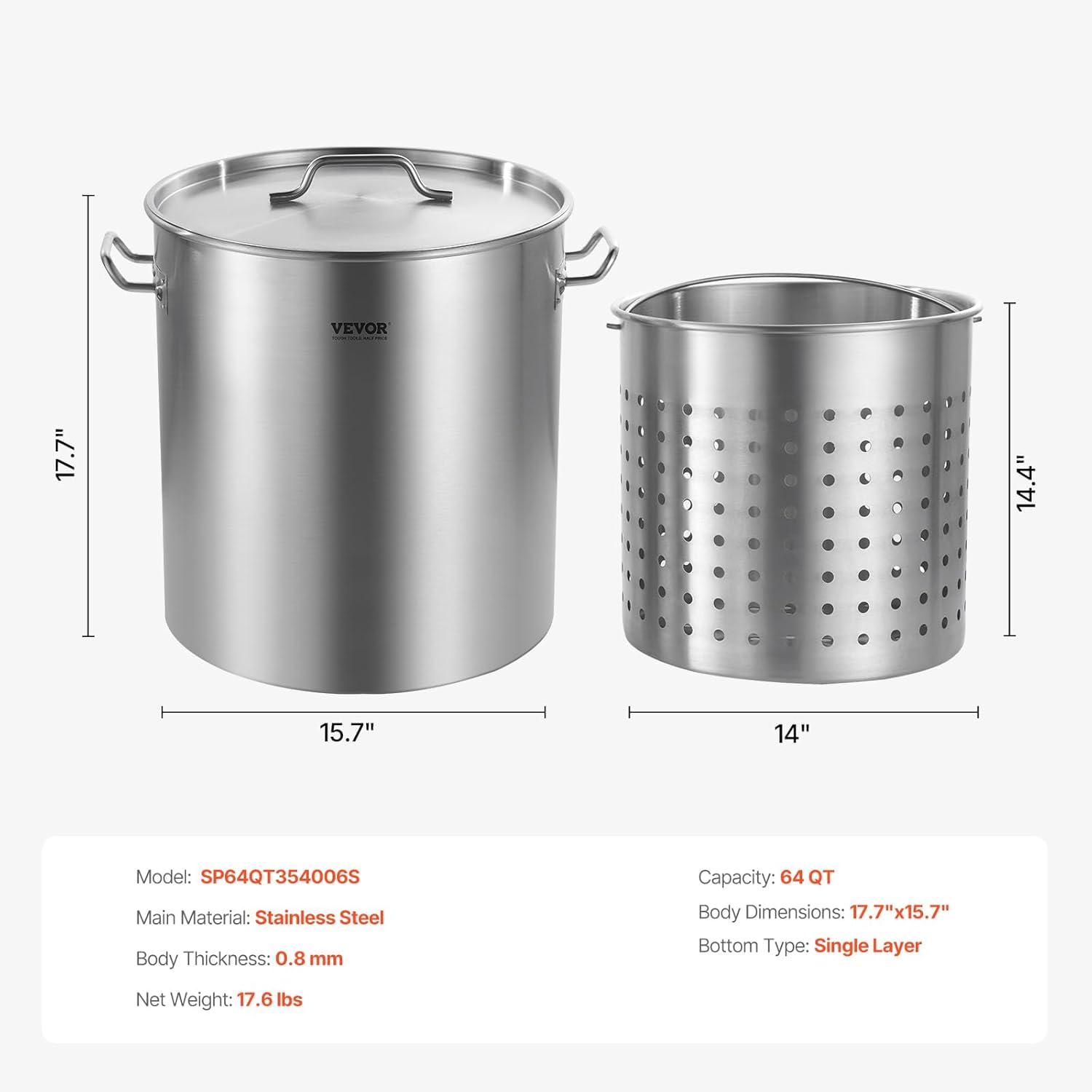 imageVEVOR Stainless Steel Stockpot 84 Quart Large Cooking Pots Cookware Sauce Pot with Basket Lid and Handle Heavy Duty Commercial Grade Stock Pot Sanding Treatment for Large Groups Events Silver571 Quarts