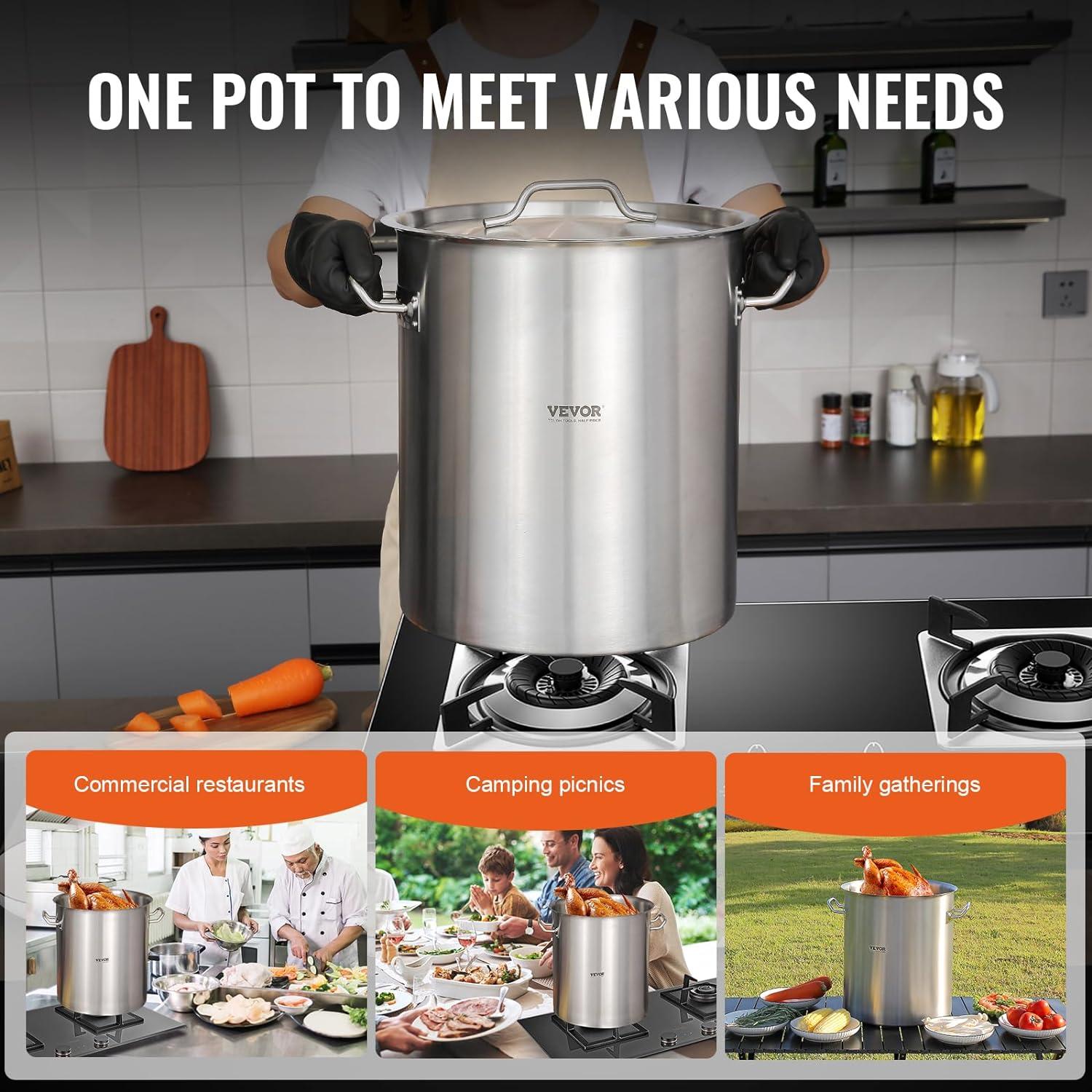 imageVEVOR Stainless Steel Stockpot 84 Quart Large Cooking Pots Cookware Sauce Pot with Basket Lid and Handle Heavy Duty Commercial Grade Stock Pot Sanding Treatment for Large Groups Events Silver42 Quarts