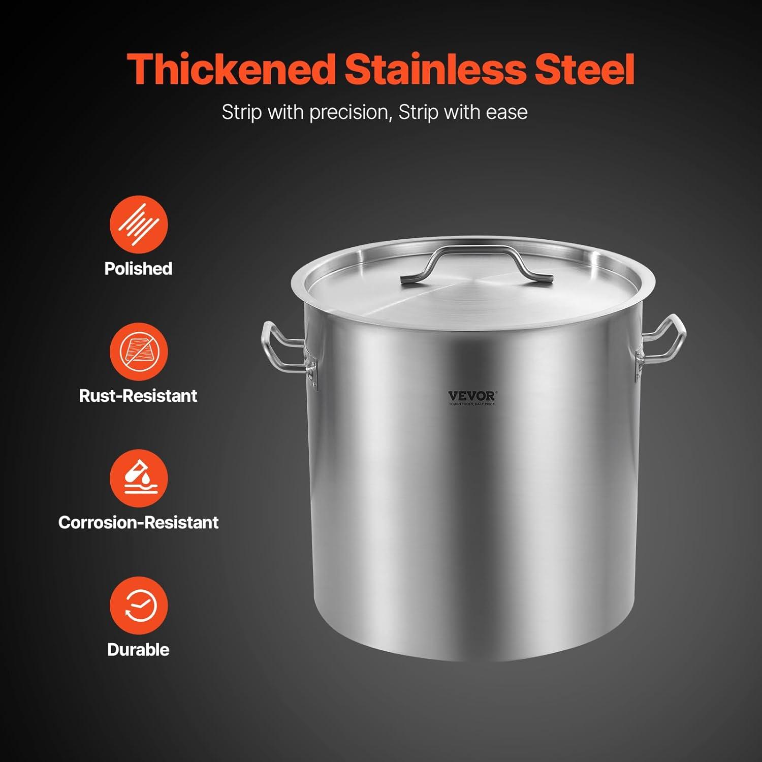 imageVEVOR Stainless Steel Stockpot 84 Quart Large Cooking Pots Cookware Sauce Pot with Basket Lid and Handle Heavy Duty Commercial Grade Stock Pot Sanding Treatment for Large Groups Events Silver53 Quarts
