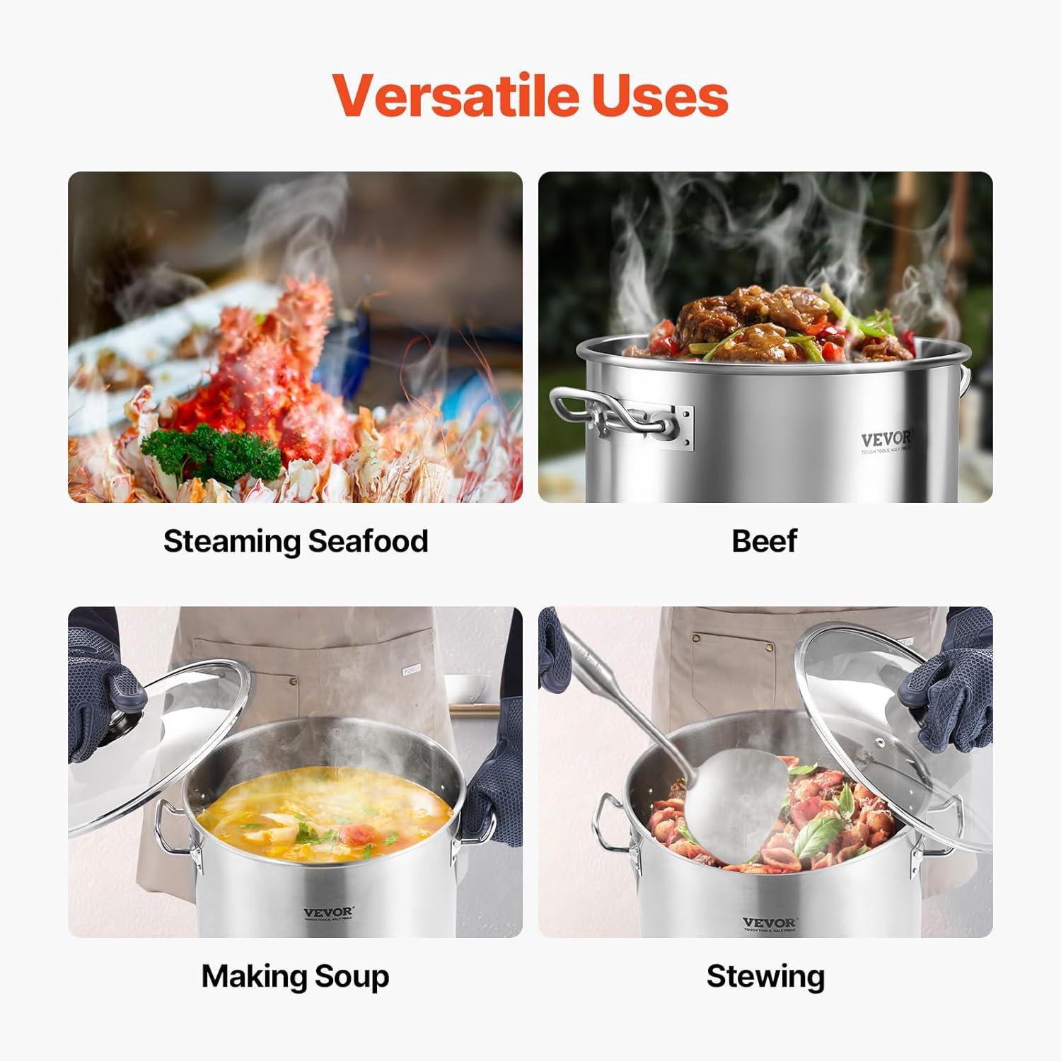 imageVEVOR Stainless Steel Stockpot 84 Quart Large Cooking Pots Cookware Sauce Pot with Basket Lid and Handle Heavy Duty Commercial Grade Stock Pot Sanding Treatment for Large Groups Events Silver24 Quarts
