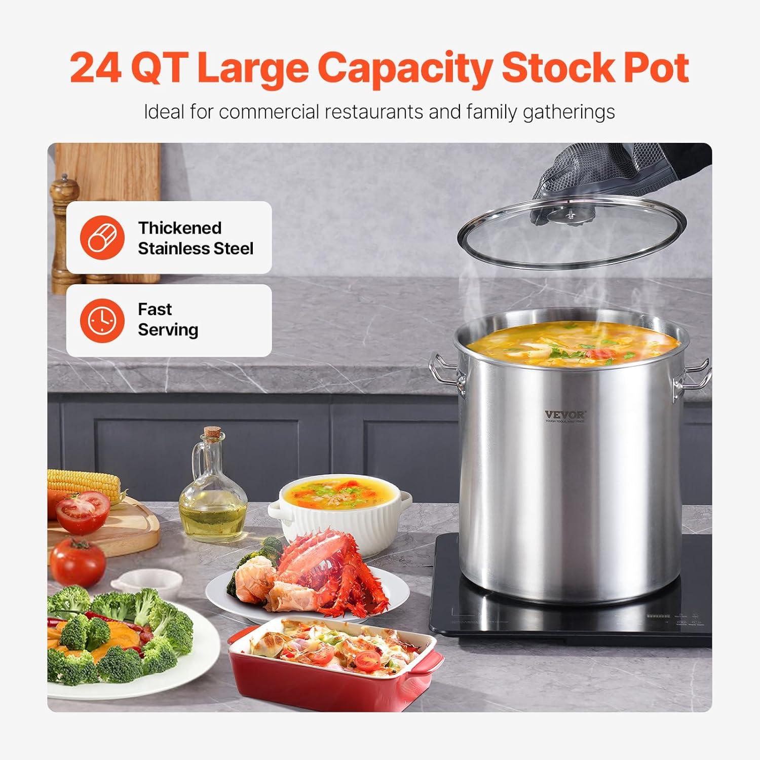 imageVEVOR Stainless Steel Stockpot 84 Quart Large Cooking Pots Cookware Sauce Pot with Basket Lid and Handle Heavy Duty Commercial Grade Stock Pot Sanding Treatment for Large Groups Events Silver24 Quarts