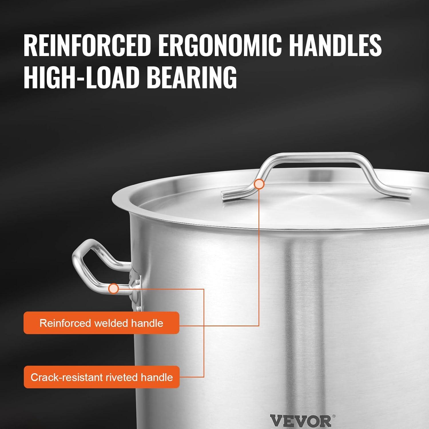 imageVEVOR Stainless Steel Stockpot 84 Quart Large Cooking Pots Cookware Sauce Pot with Basket Lid and Handle Heavy Duty Commercial Grade Stock Pot Sanding Treatment for Large Groups Events Silver42 Quarts