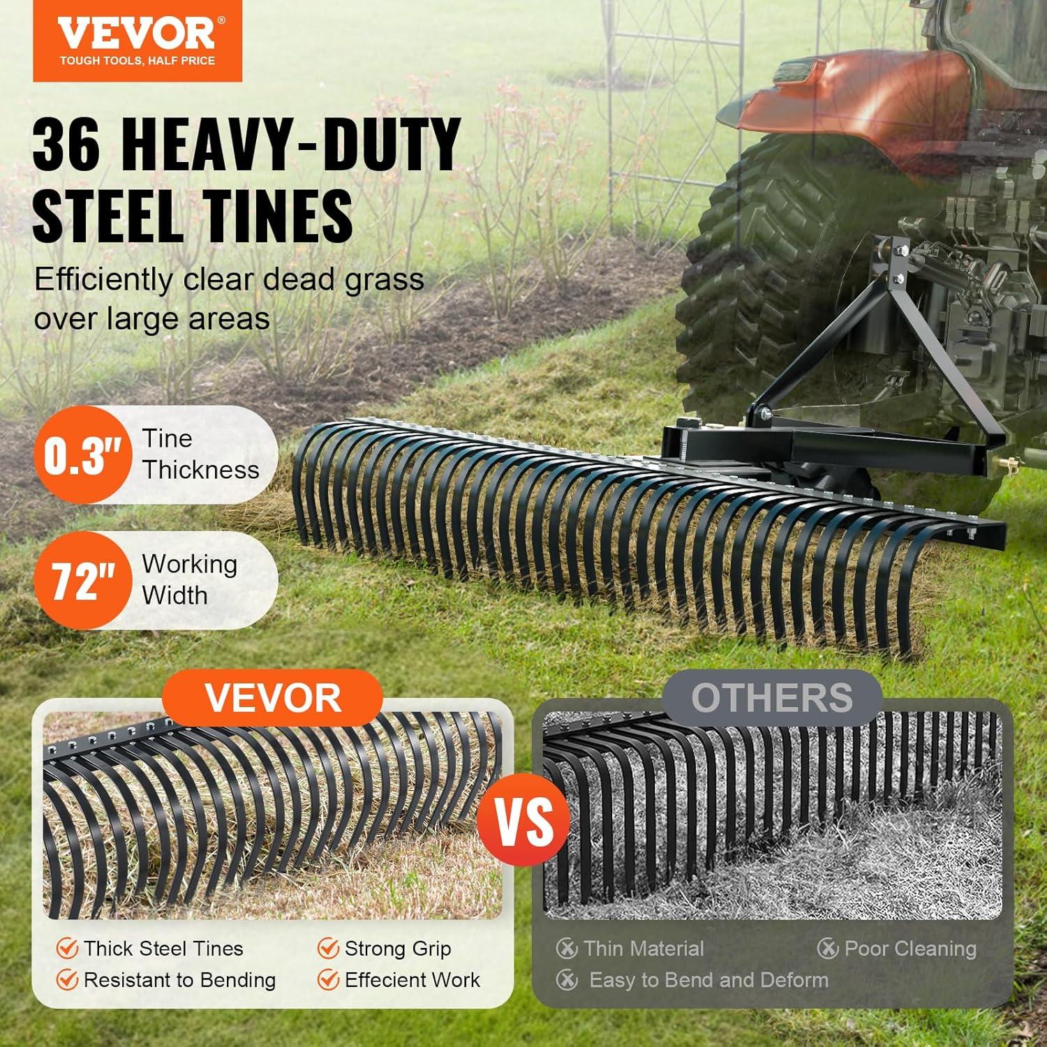 imageVEVOR Tow Behind Dethatcher 40inch Tow Dethatcher with 20 Spring Steel Tines Lawn Dethatcher Rake for ATV or Mower Tow Behind Lawn Rake with Lift Handle for Garden Farm Grass72Dethatcher with 3point Attachments