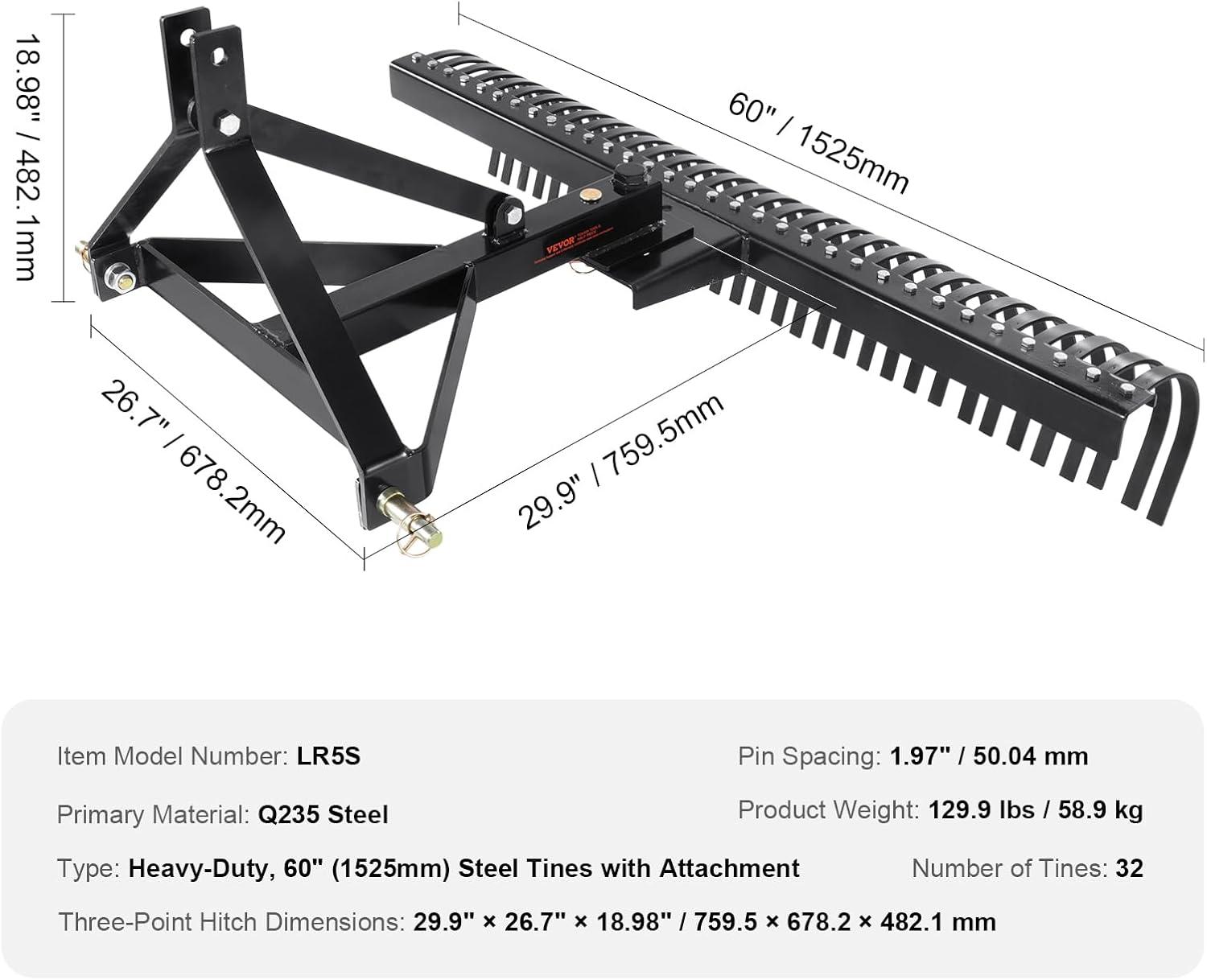 imageVEVOR Tow Behind Dethatcher 40inch Tow Dethatcher with 20 Spring Steel Tines Lawn Dethatcher Rake for ATV or Mower Tow Behind Lawn Rake with Lift Handle for Garden Farm Grass60Dethatcher with 3point Attachments