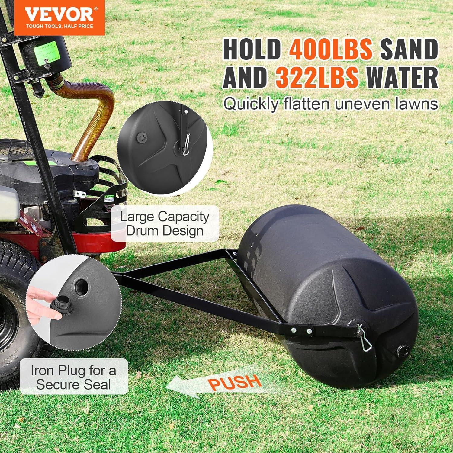 imageVEVOR Tow Behind Lawn Roller 400lbs Sand and 322lbs Water Filled Heavy Duty LLDPE Drum and Steel Frame with EasyTurn Plug for Tractor or ATV Garden Farm Park Black