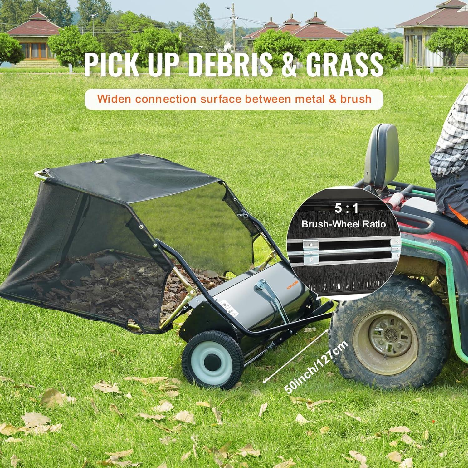 imageVEVOR Tow Behind Lawn Sweeper 50 in Pull Behind Lawn Sweeper 26 cu ft Large Capacity Leaf ampamp Grass Collector Heavy Duty Garden Sweeper with Adjustable Sweeping Height for Yard Lawn Farm