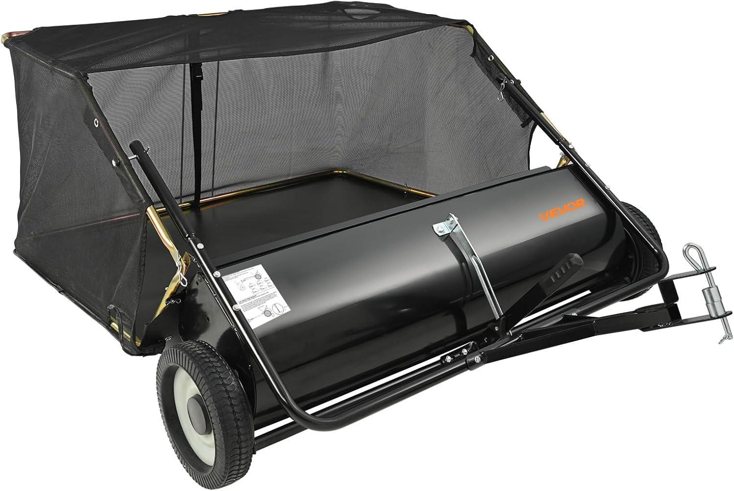 imageVEVOR Tow Behind Lawn Sweeper 50 in Pull Behind Lawn Sweeper 26 cu ft Large Capacity Leaf ampamp Grass Collector Heavy Duty Garden Sweeper with Adjustable Sweeping Height for Yard Lawn Farm