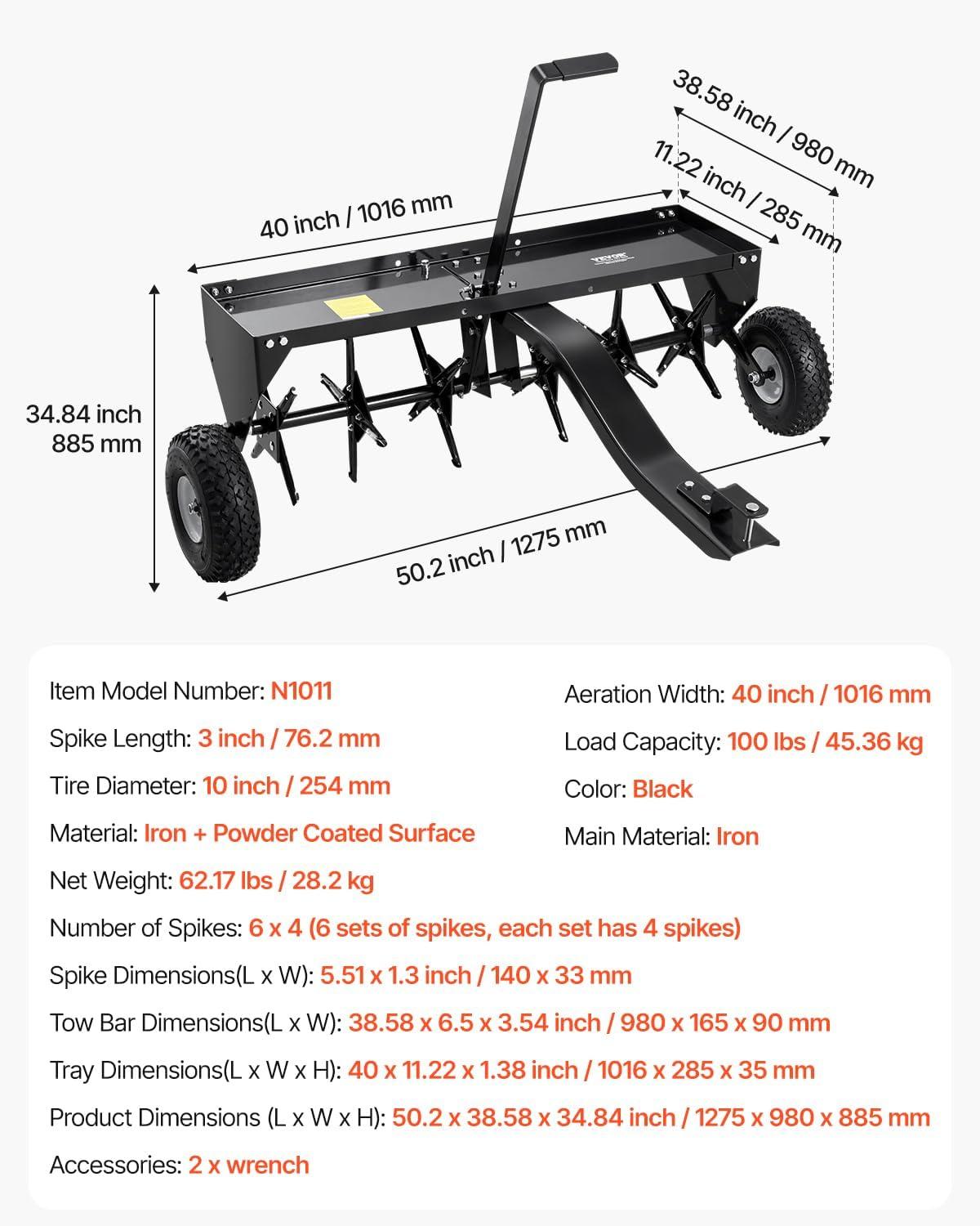 imageVEVOR Tow Behind Plug Aerator 40Inch Tow Behind Lawn Plug Aerator with Universal Hitch Pull Behind Aerator with Iron Spikes Alternately Arranged Lawn Aerator Tow Behind for Gardens Lawns FarmsTow Behind