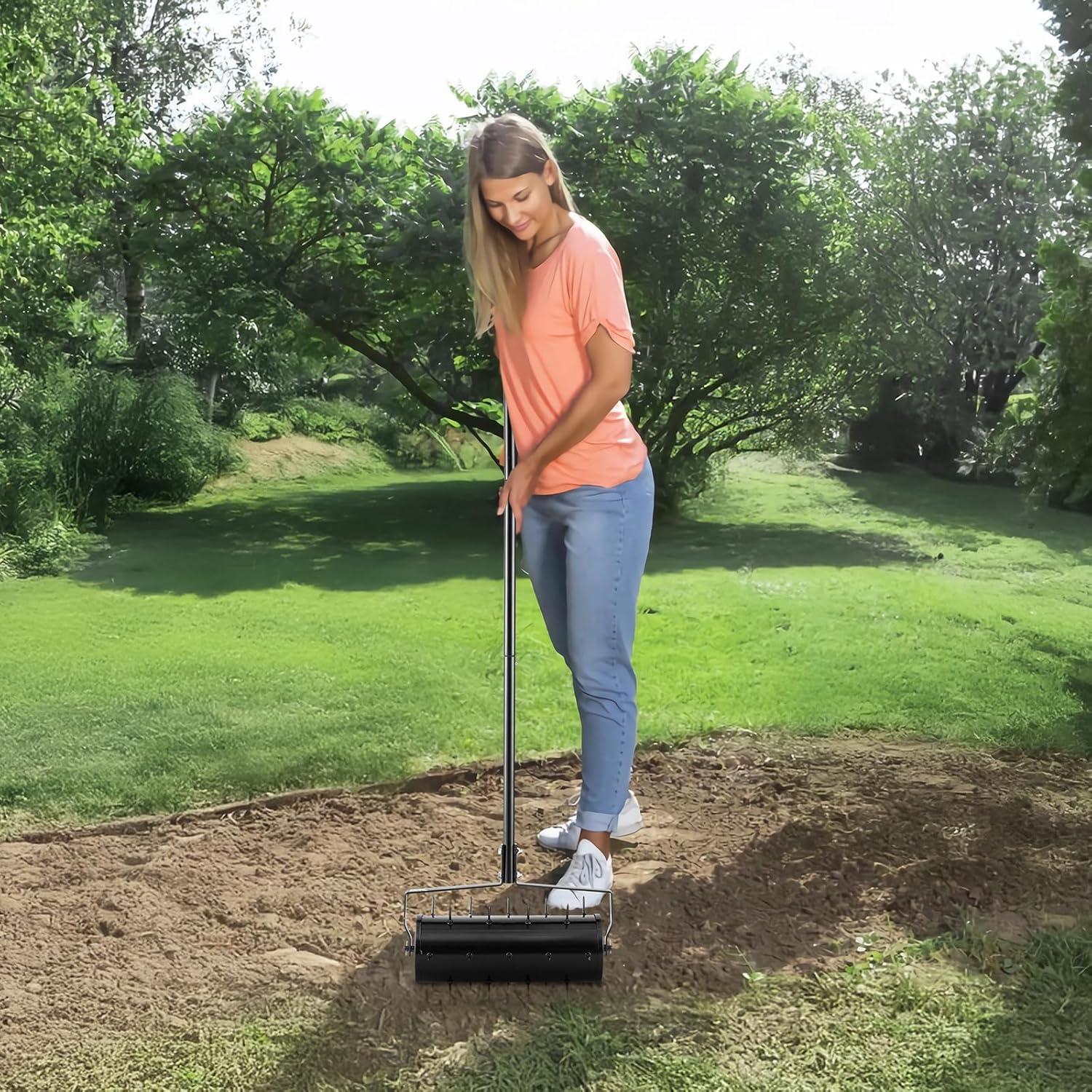 imageVEVOR Tow Behind Plug Aerator 40Inch Tow Behind Lawn Plug Aerator with Universal Hitch Pull Behind Aerator with Iron Spikes Alternately Arranged Lawn Aerator Tow Behind for Gardens Lawns FarmsRolling
