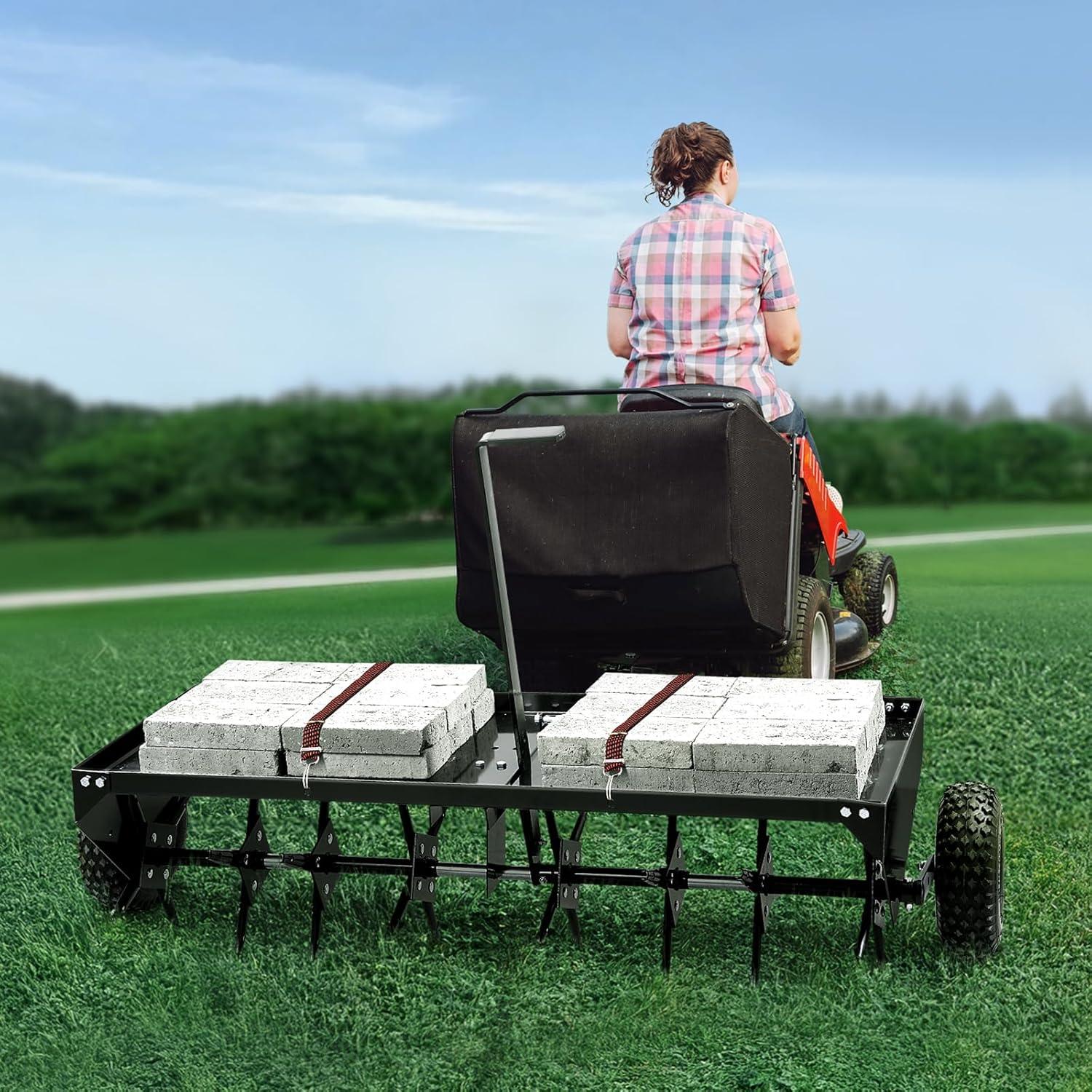 imageVEVOR Tow Behind Plug Aerator 40Inch Tow Behind Lawn Plug Aerator with Universal Hitch Pull Behind Aerator with Iron Spikes Alternately Arranged Lawn Aerator Tow Behind for Gardens Lawns FarmsTow Behind