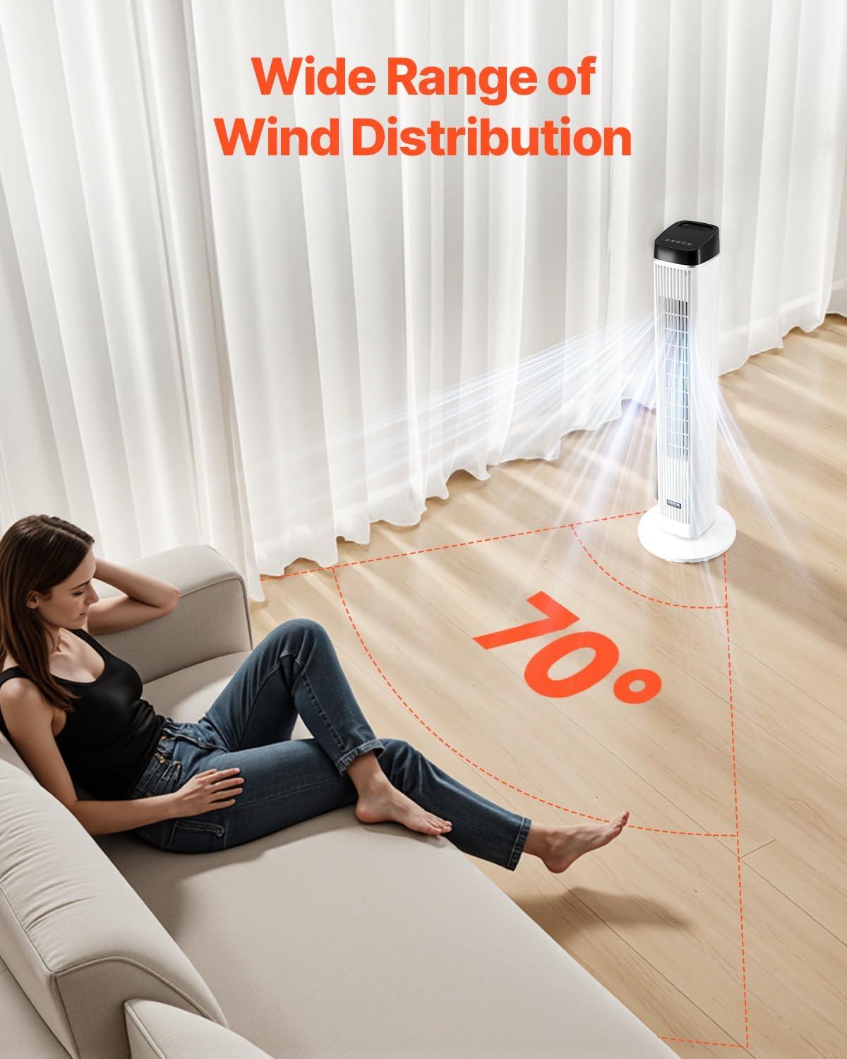 imageVEVOR Tower Fan 22 fts Velocity Quiet Floor Fan 70 Oscillating Fans for Indoors with 3 Speeds 4 Modes 12H Timer Portable Standing Bladeless Fan with Remote Control for Bedroom Office HomeStandard