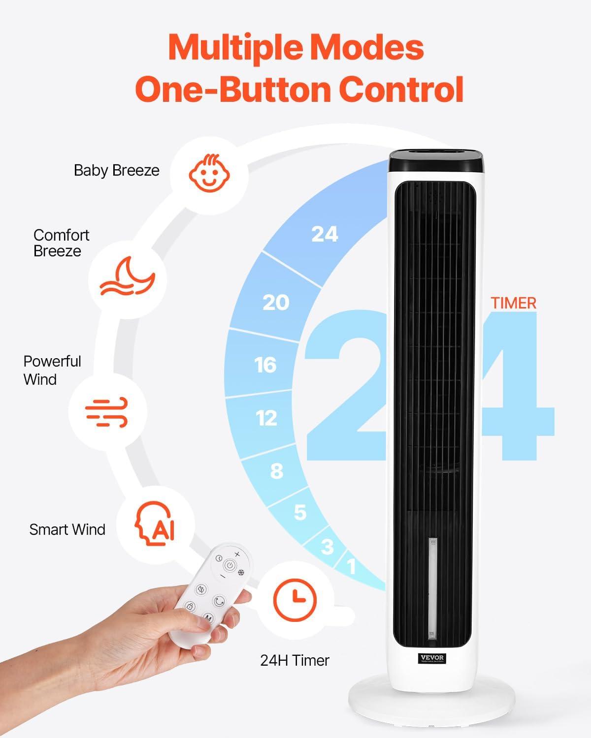 imageVEVOR Tower Fan 22 fts Velocity Quiet Floor Fan 70 Oscillating Fans for Indoors with 3 Speeds 4 Modes 12H Timer Portable Standing Bladeless Fan with Remote Control for Bedroom Office HomeEvaporative Air Cooler