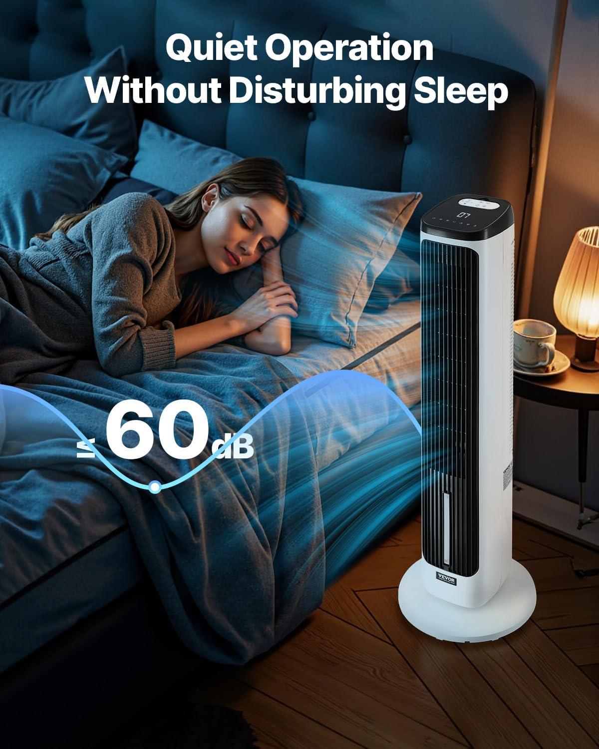 imageVEVOR Tower Fan 22 fts Velocity Quiet Floor Fan 70 Oscillating Fans for Indoors with 3 Speeds 4 Modes 12H Timer Portable Standing Bladeless Fan with Remote Control for Bedroom Office HomeEvaporative Air Cooler