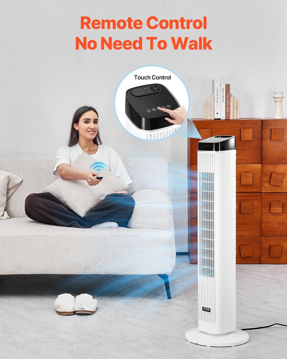 imageVEVOR Tower Fan 22 fts Velocity Quiet Floor Fan 70 Oscillating Fans for Indoors with 3 Speeds 4 Modes 12H Timer Portable Standing Bladeless Fan with Remote Control for Bedroom Office HomeStandard