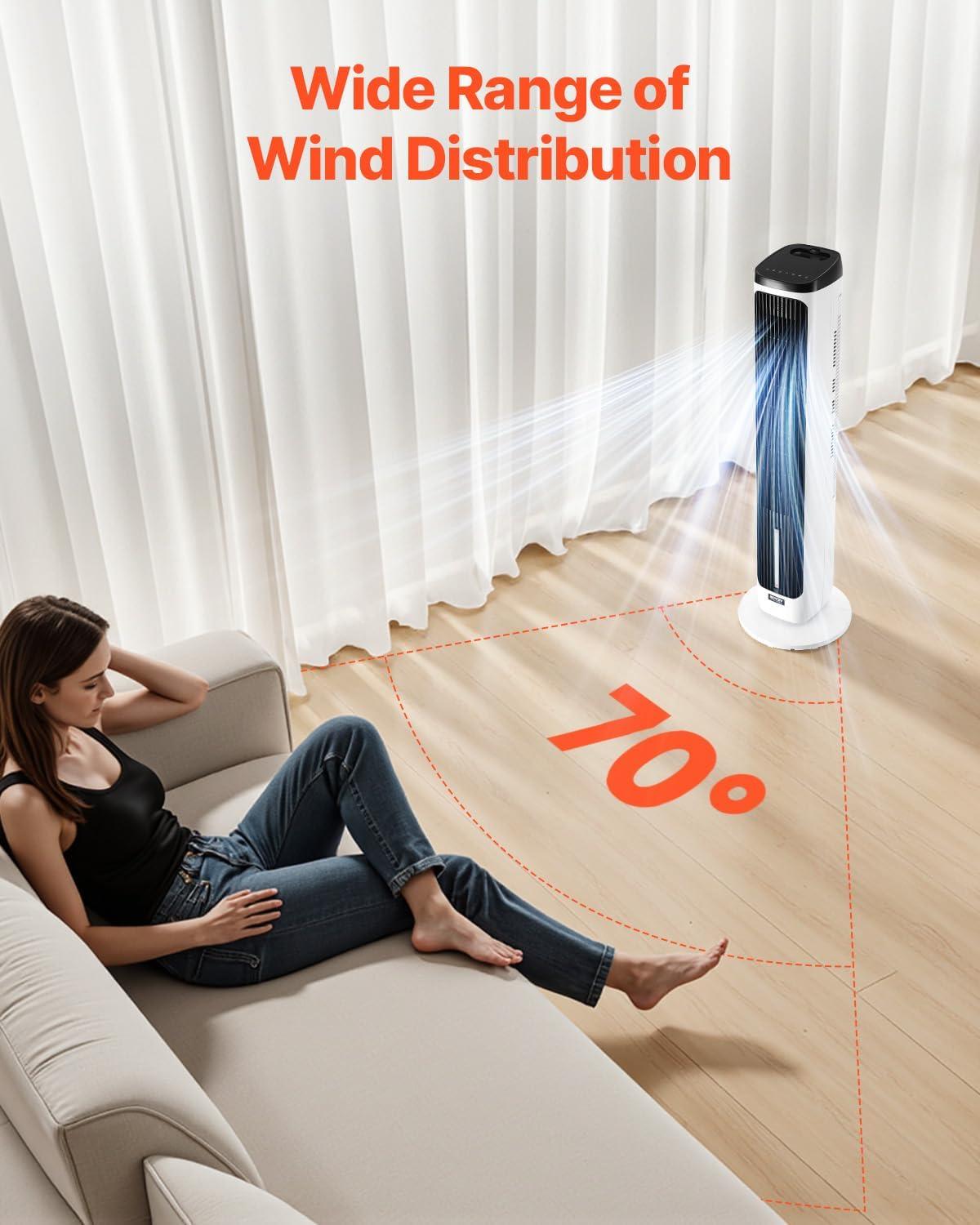 imageVEVOR Tower Fan 22 fts Velocity Quiet Floor Fan 70 Oscillating Fans for Indoors with 3 Speeds 4 Modes 12H Timer Portable Standing Bladeless Fan with Remote Control for Bedroom Office HomeEvaporative Air Cooler