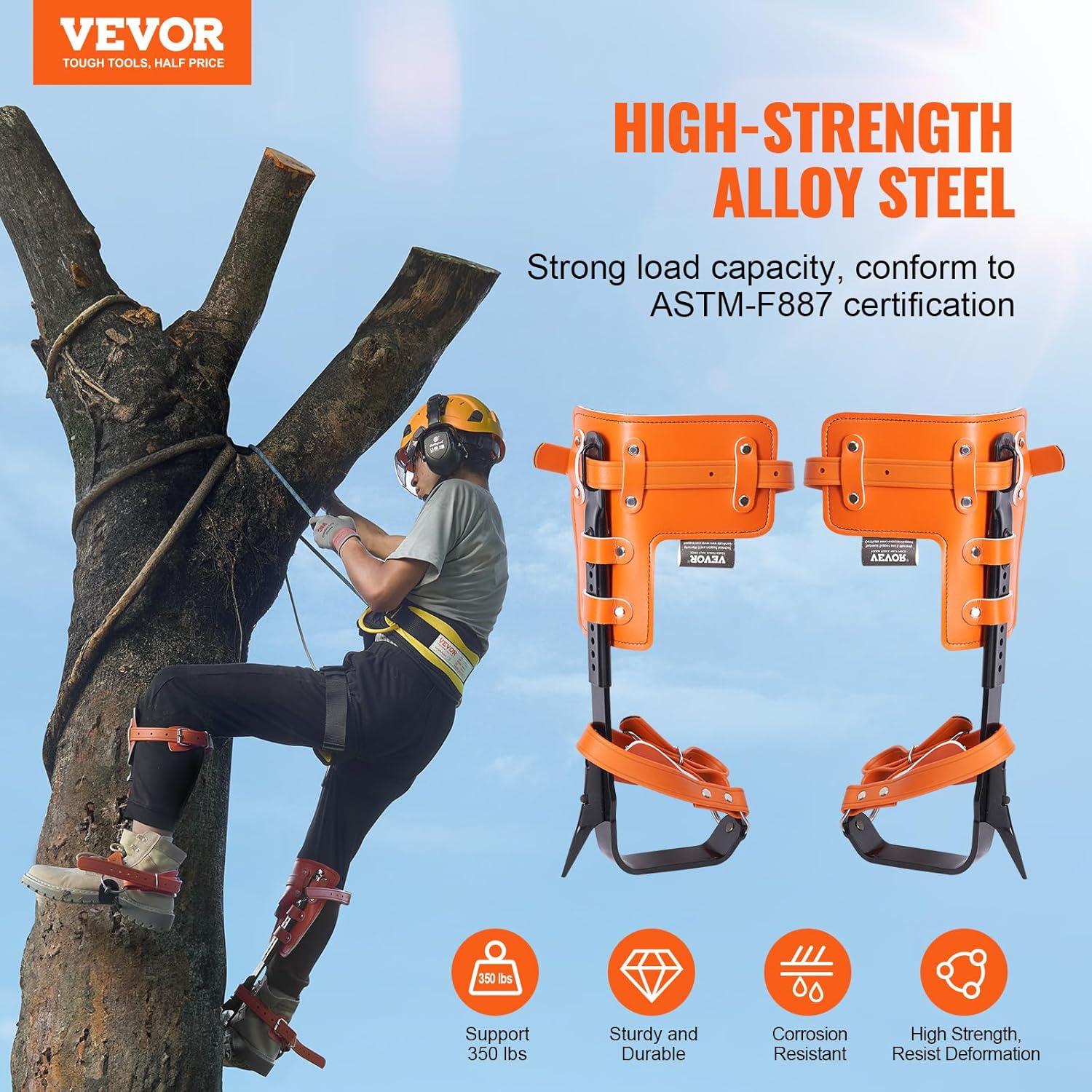 imageVEVOR Tree Climbing Spikes Set 1 Pair Alloy Steel Climbing Spurs with Safety Rope and Safety Harness 350lbs Load Capacity Tree Climbing Gear Arborist Equipment for Climbers Fruit Picking Orange
