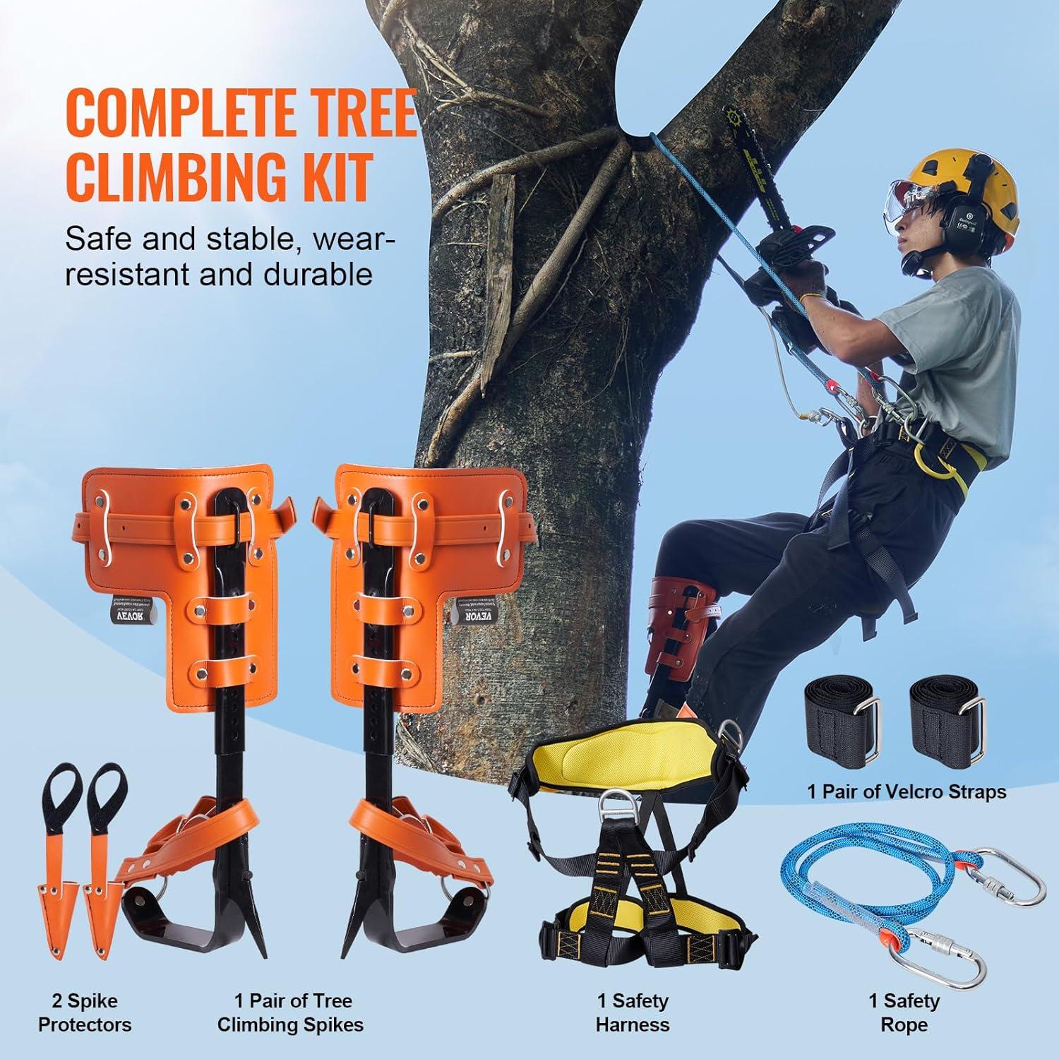 imageVEVOR Tree Climbing Spikes Set 1 Pair Alloy Steel Climbing Spurs with Safety Rope and Safety Harness 350lbs Load Capacity Tree Climbing Gear Arborist Equipment for Climbers Fruit Picking Orange