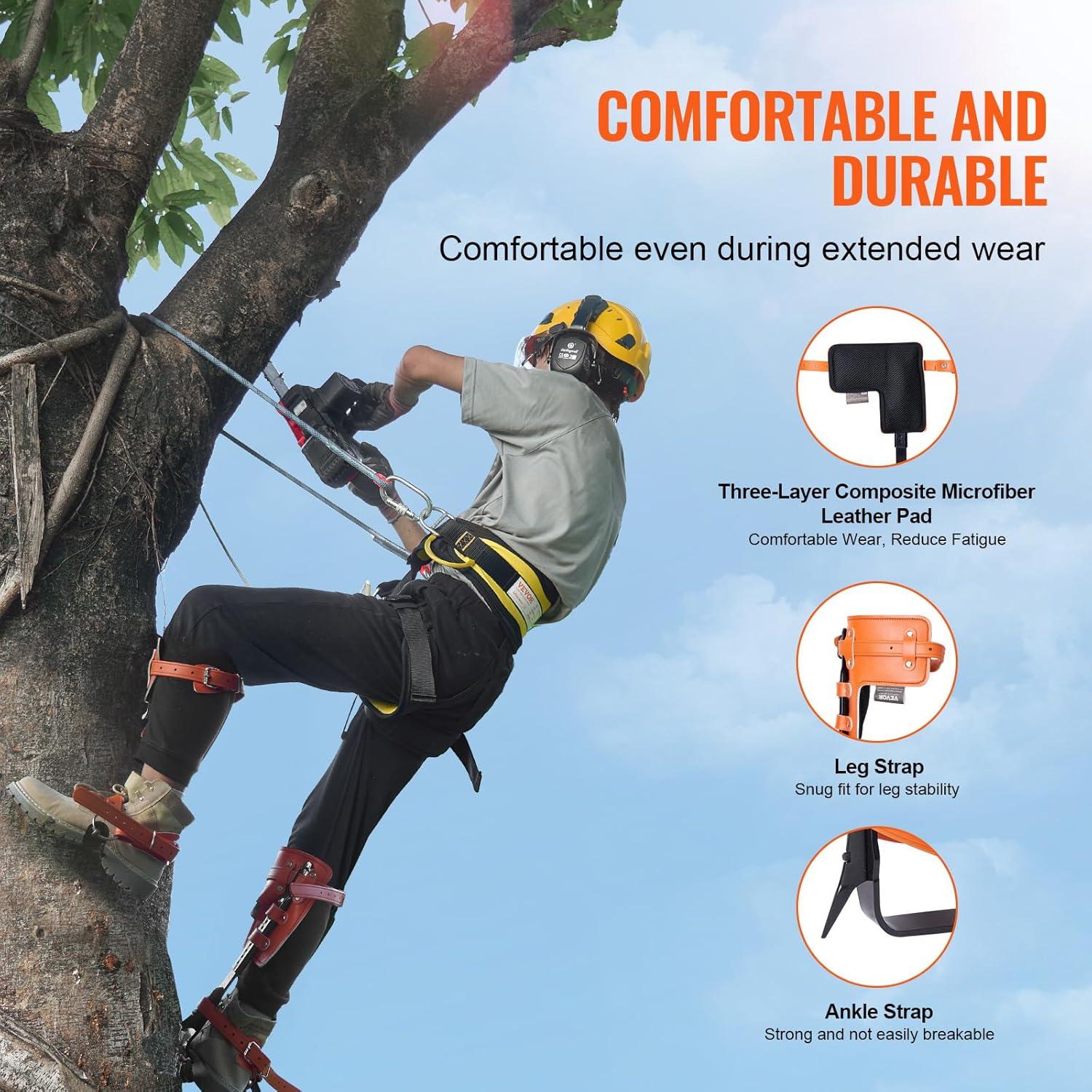 imageVEVOR Tree Climbing Spikes Set 1 Pair Alloy Steel Climbing Spurs with Safety Rope and Safety Harness 350lbs Load Capacity Tree Climbing Gear Arborist Equipment for Climbers Fruit Picking Orange